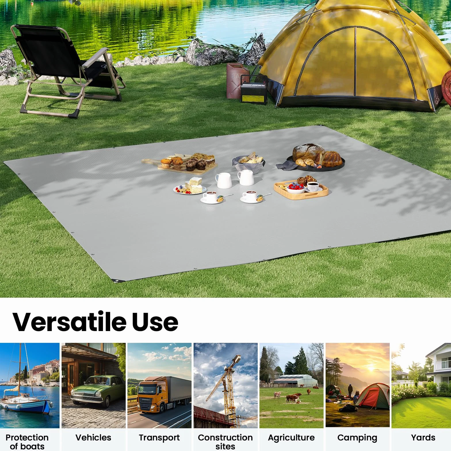 WOLTU Lona Impermeable Exterior PE 280g/m², Lona de Protección Toldo con Ojales de Aluminio, Resistente a Los Rayos UV Desgarros, Multiusos para Muebles Jardín Piscina Coche,Gris-Negro 3x3m