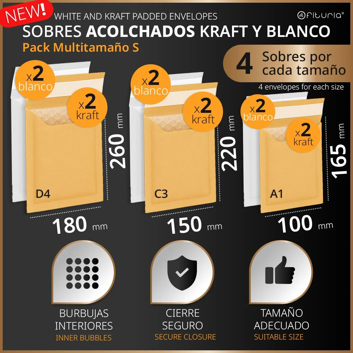 Sobres Acolchados para Envíos Multitamaño 3 Tamaños Kraft y Blanco Cierre Autoadhesivo Papel con Burbuja Interior Pack S 12 sobres