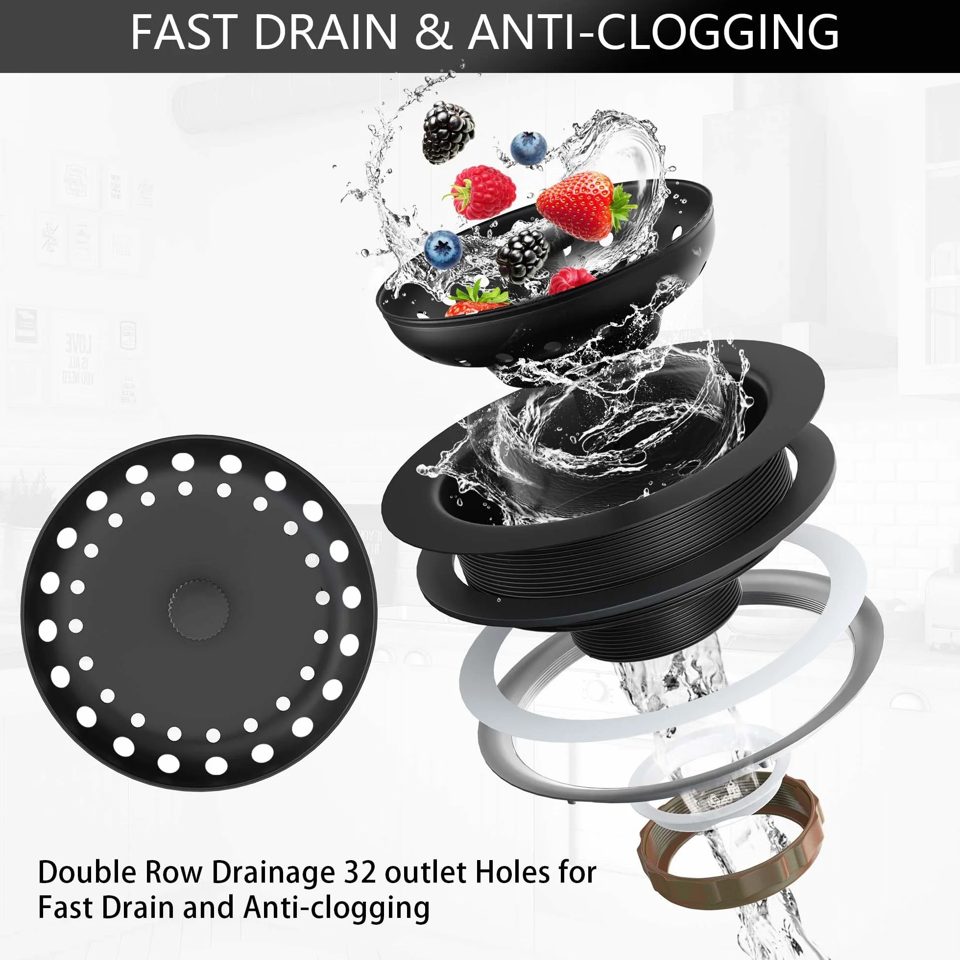 Kit de Montaje de colador de Fregadero de Cocina Negro Mate de 3-1/2 Pulgadas con Cesta coladora y tapón de Drenaje para Fregadero de Cocina estándar, Acero Inoxidable