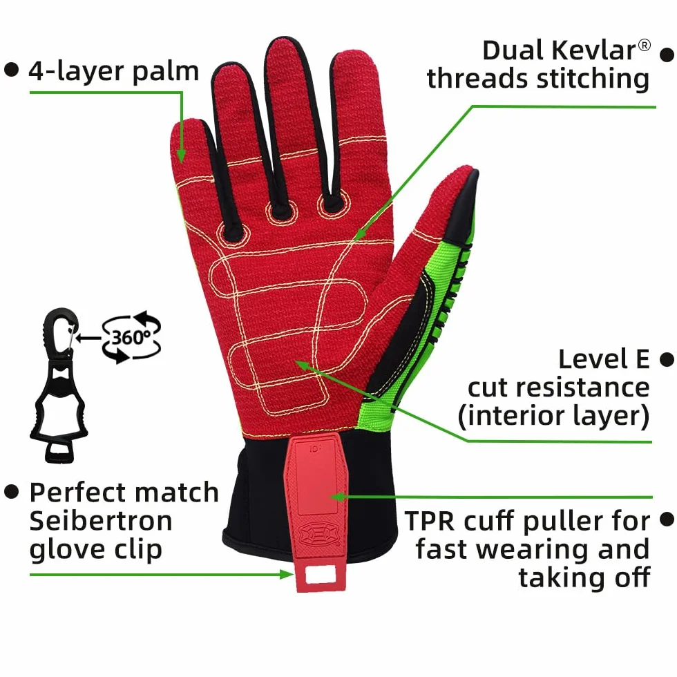Seibertron HIGH-VIS HDC5 Level 5 Cut Resistant Deckhand Gloves High Performance Protection Impact Resistant Oil and Gas Safety Gloves CE EN388 4544EP S with 1 black clip