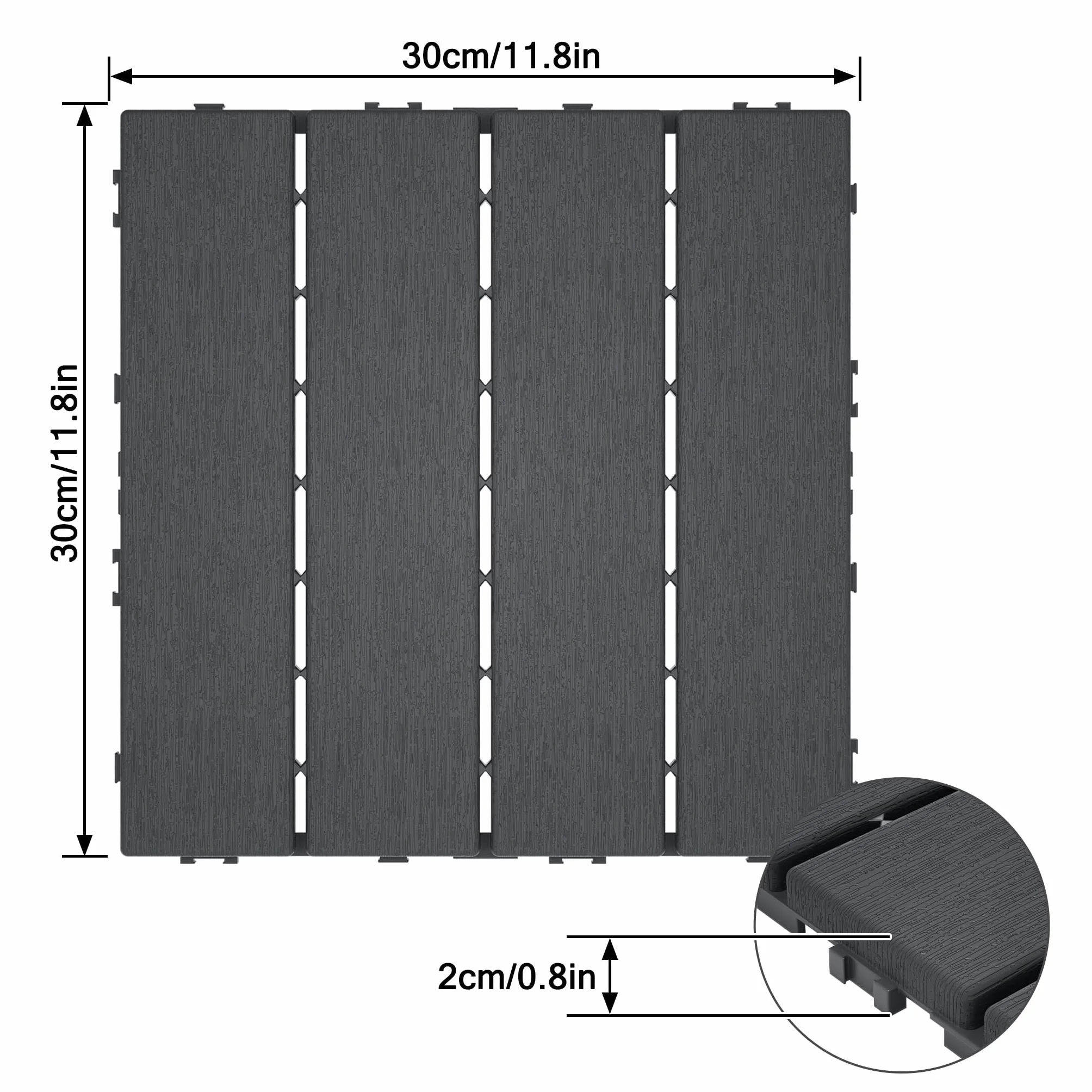 UISEBRT Baldosas de balcón con aspecto de vetas de madera, azulejos de clic para terraza para balcón, jardín, placas resistentes a la intemperie con función de drenaje, 30 x 30 cm, antracita (11