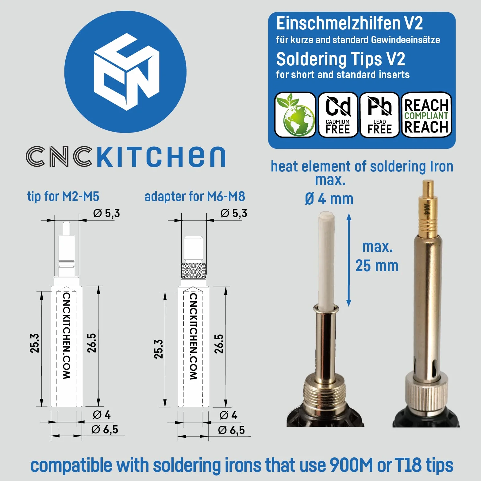 CNC KITCHEN Fusión original para, por ejemplo, Hakko FX-888 y otros (estándar 900M o T18), M2-M8, sin plomo ni cadmio