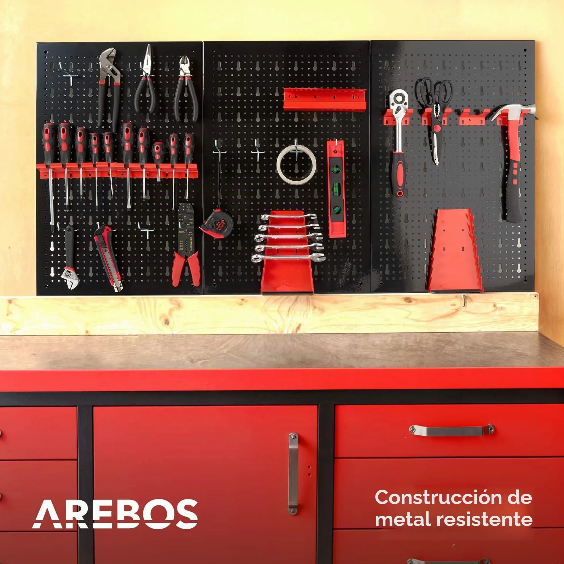 Arebos Panel Portaherramientas de 17 piezas | 117,6 x 59,5 x 2cm | Juego de ganchos y soportes | Pared de herramientas de metal perforado para equipamiento de taller incl. material de montaje | Rojo
