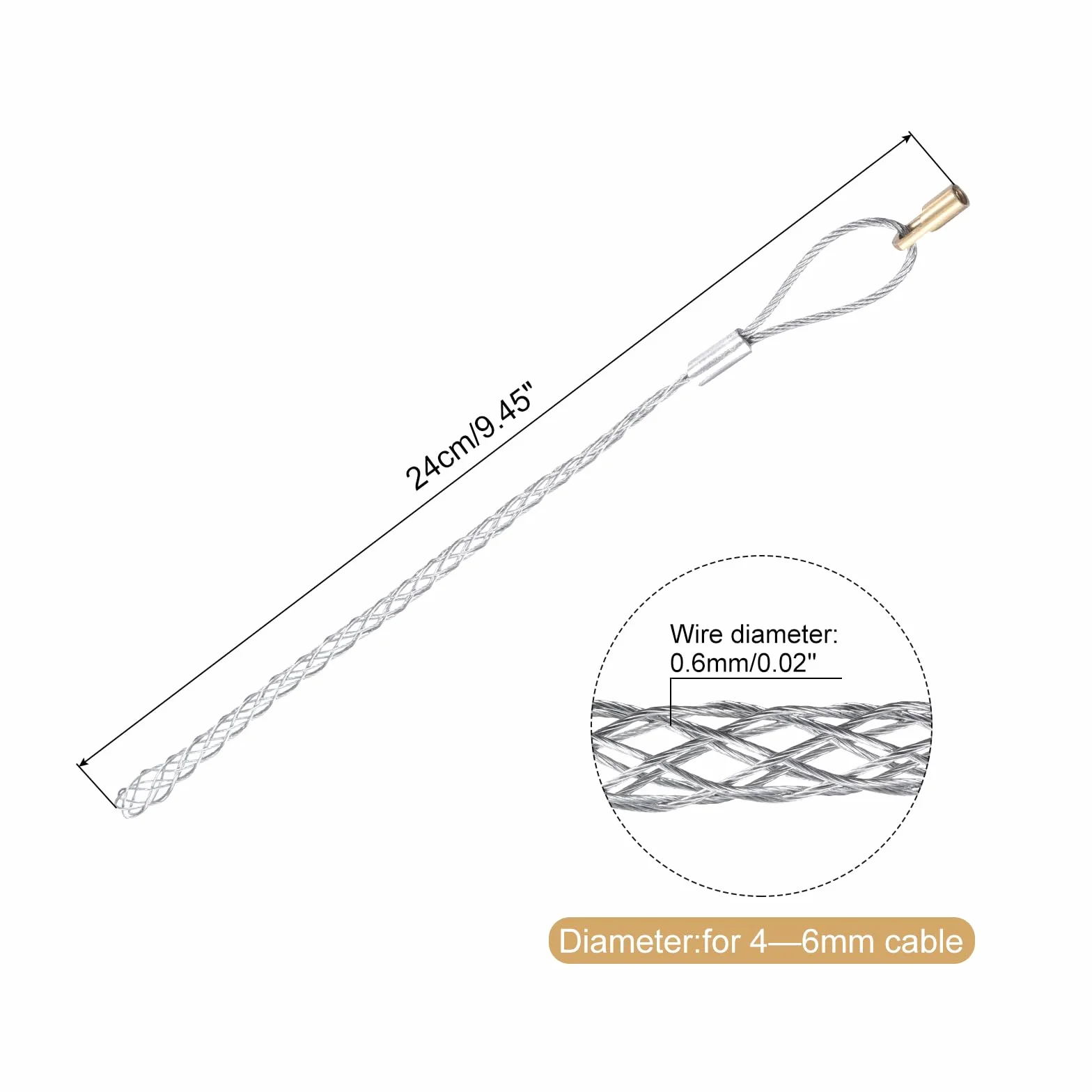 QUARKZMAN Agarre para Tirar Cables para Cables de 4-6 mm, con Tuerca de 4.2 mm, Calcetín de Malla de Alambre de 24 cm de Cabeza Simple de Acero Galvanizado, 1 Pieza (Plateado)