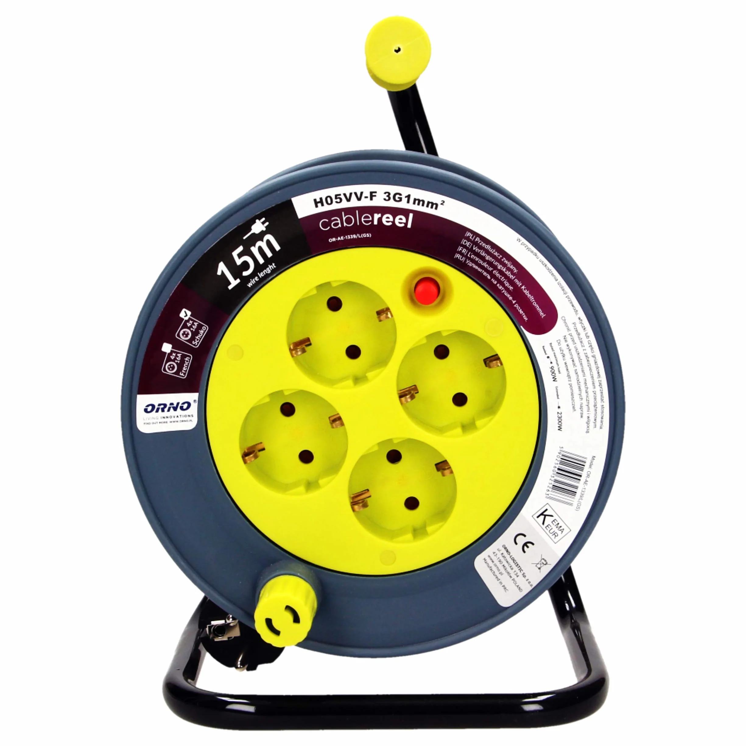 Orno AE-1339 Mini Tambor De Cable 15m con 4 tomas de corriente, soporte de metal y protección térmica (Amarillo)