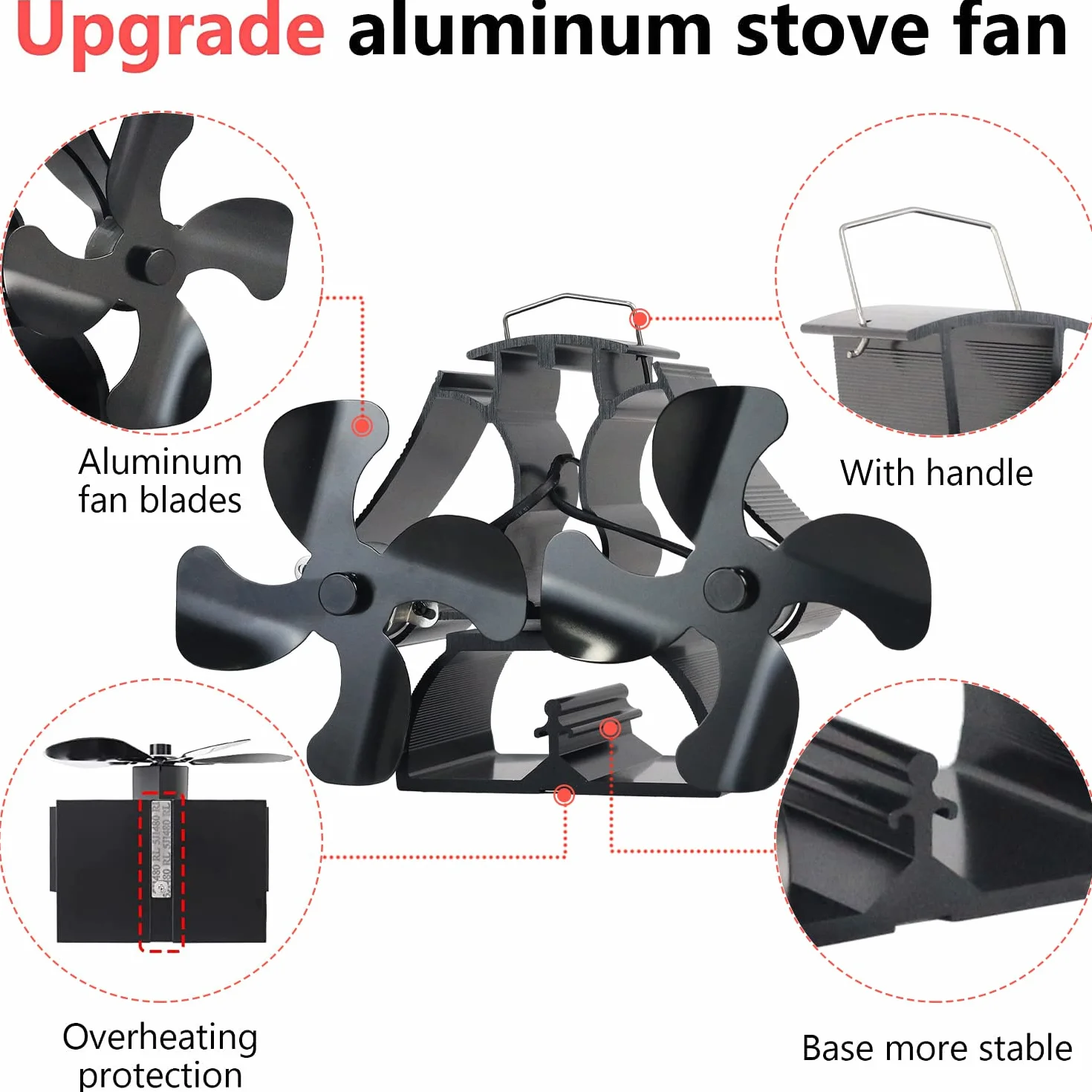 Tomersun Ventilador de estufa de leña, ventilador de chimenea de 8 aspas alimentado por calor, ventilador superior térmico para quemador de leña