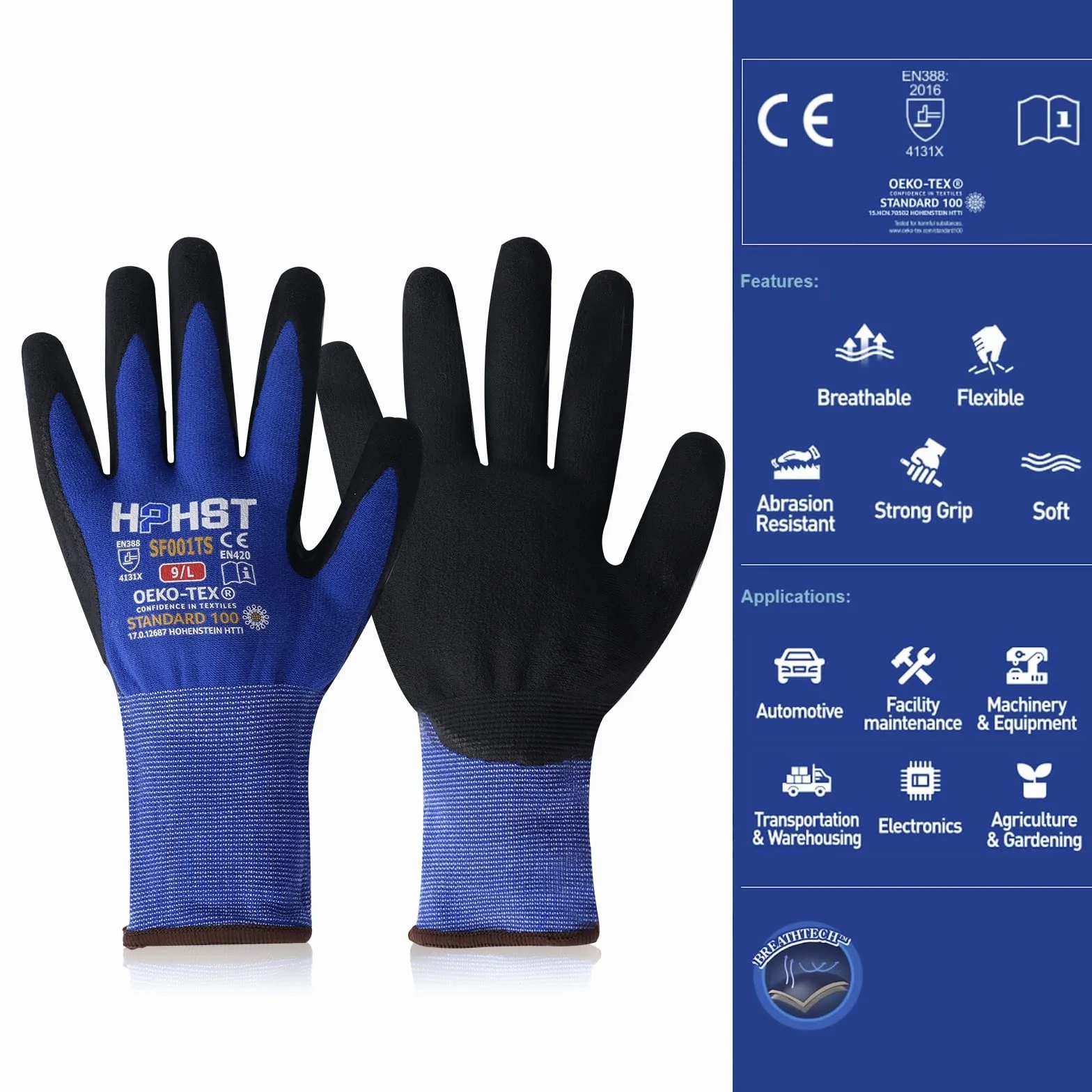 SF001TS Guantes de trabajo 12 pares de guantes de montaje para hombre y mujer, diseño ergonómico, guantes de jardinería, talla (XL, azul 12 pares)