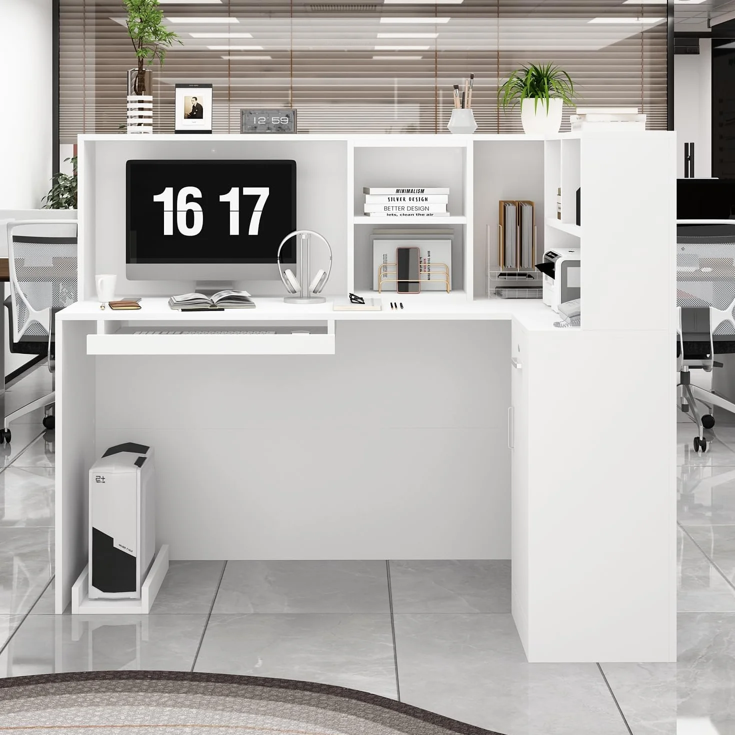 Mostrador de Recepción Blanco en L 142cm Caja Esquinera con Cajón de Teclado, Soporte para PC, Cajón con Llave y 5 Compartimentos 142×82×123cm
