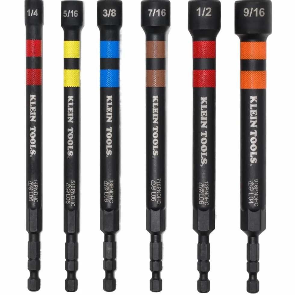 Klein Tools 32940 SAE - Juego de destornilladores de tuercas de impacto huecas magnéticas, 6 piezas codificadas por colores con alcance extendido, 6 tamaños SAE