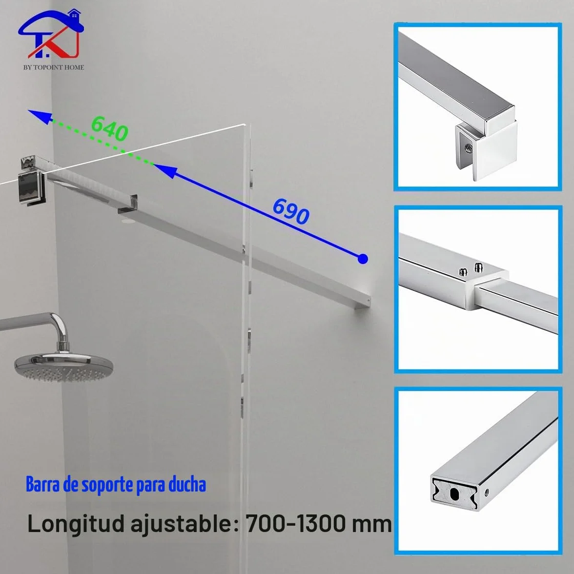 T&K Barra de soporte para mampara de ducha cromado barra telescópica longitud ajustable de 700mm-1300mm, apta para mamparas de ducha y paneles de baño, compatible con vidrio de 6-10mm