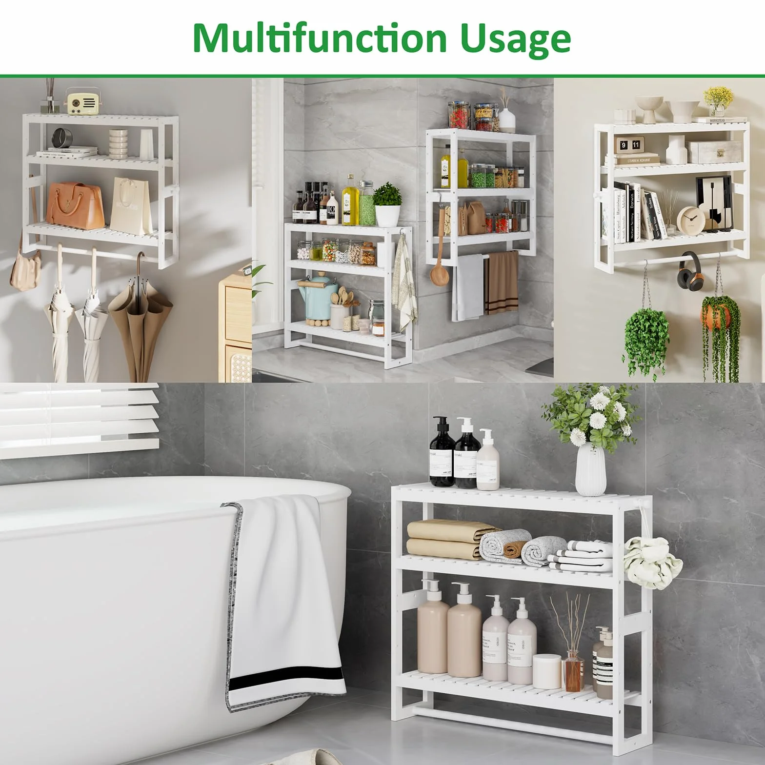 RRX Organizador de almacenamiento de estante de baño, 15 cm de profundidad x 60 cm de ancho x 53,8 cm de alto, organizador de cocina flotante de bambú de 3 niveles ajustable con barra, unidades de