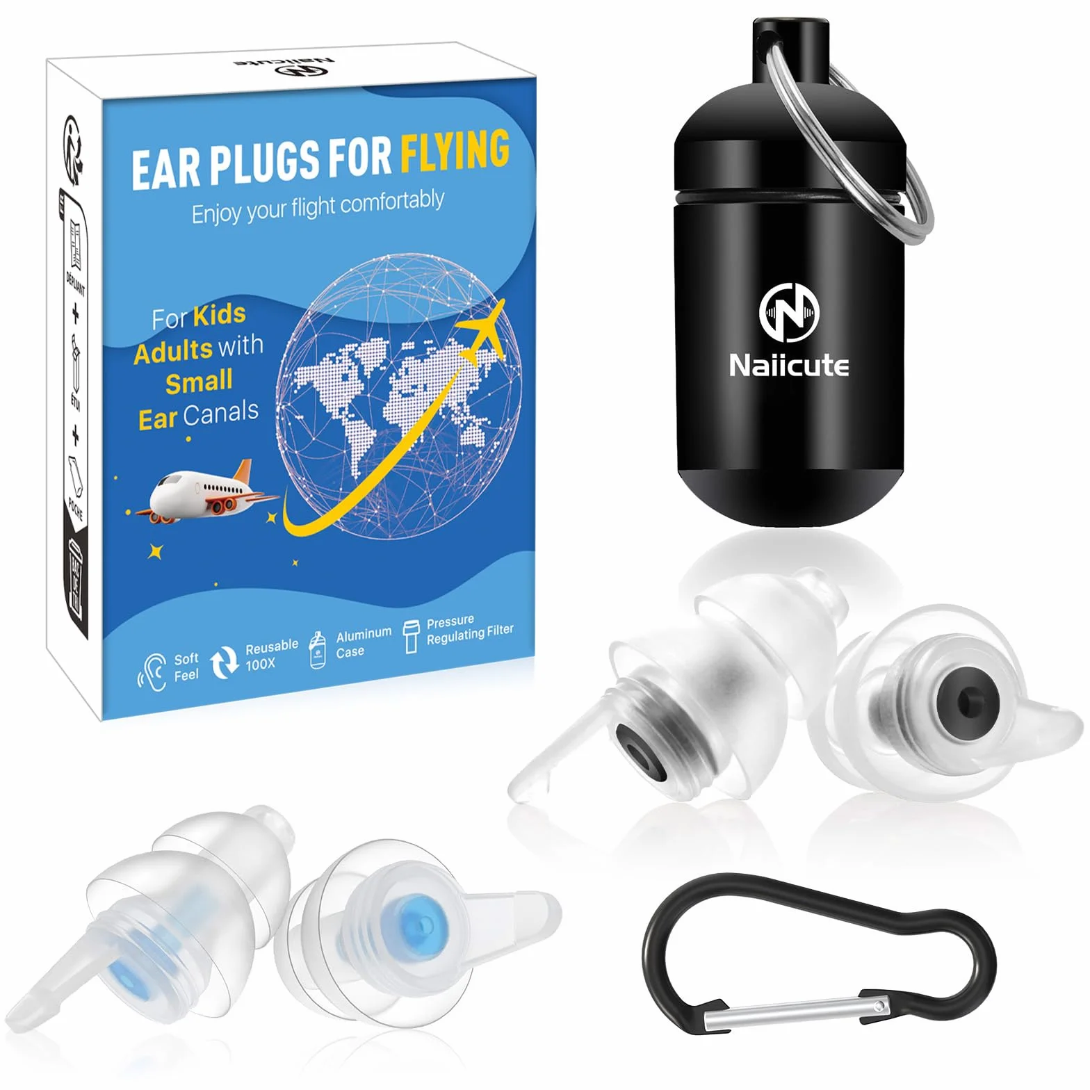 Tapones para los oídos para avión 2 pares Reutilizables Antiruido Protección Auditiva Adultos Niños 12+