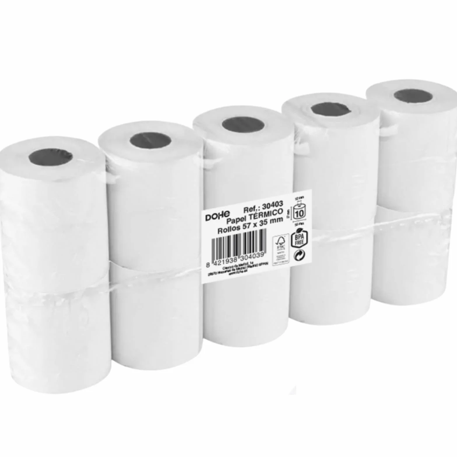Dohe - Rollos Papel Térmico 57x35 mm (10 uds.) - Núcleo ⌀12 mm, Largo 7,5 m, Tickets para Datáfonos, TPV, Cajas Registradoras, Impresoras POS y EPOS, Grosor 60 gr/m², Sin BPA