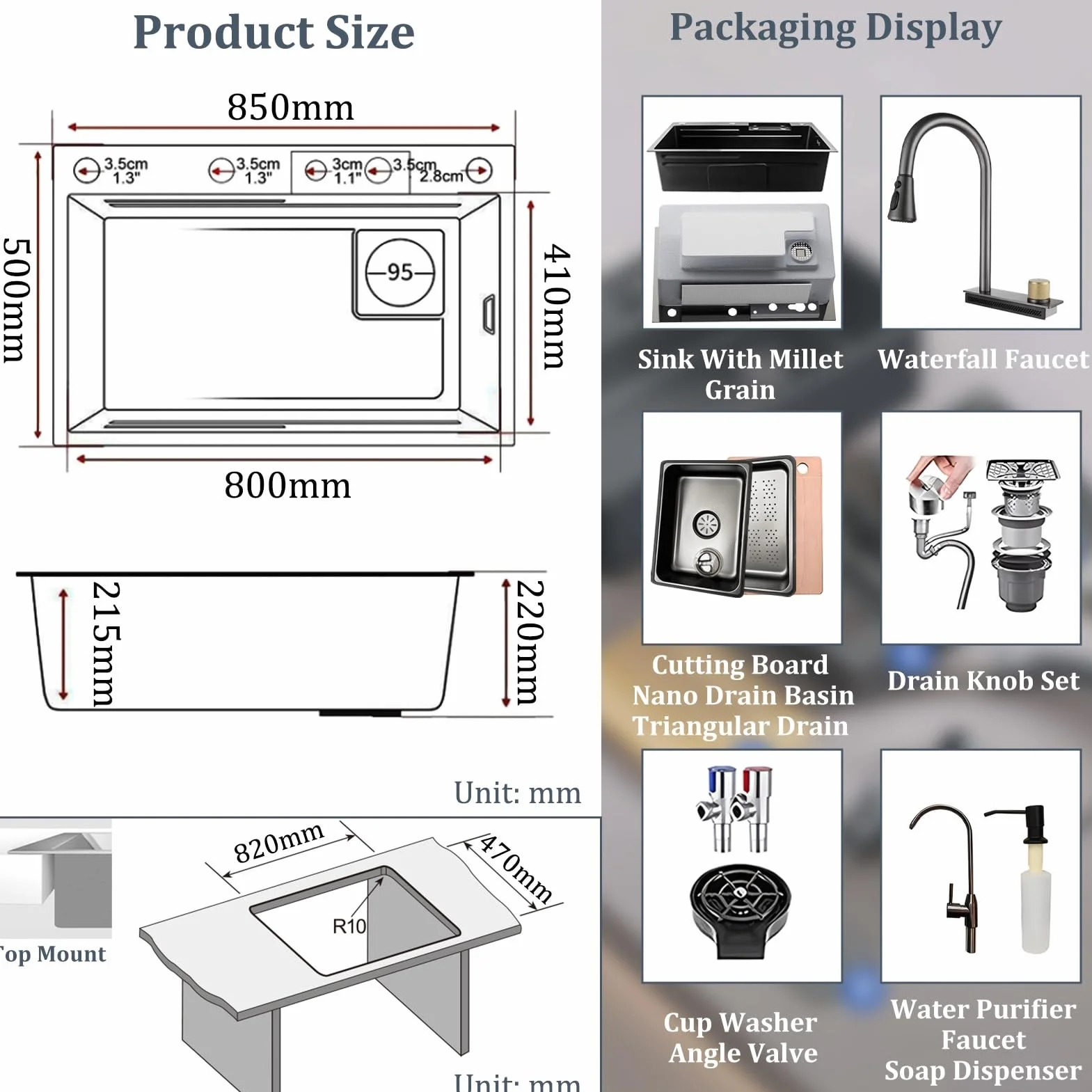 50 Cm De Ancho Fregadero De Cocina Con Grifo Cocina Extraible, 1 Cubeta De Acero Inoxidable Nanorrevestimiento, Fregadero Negro Con Cascada Así Como Otros Accesorios(Black-Grey B,85x50cm)