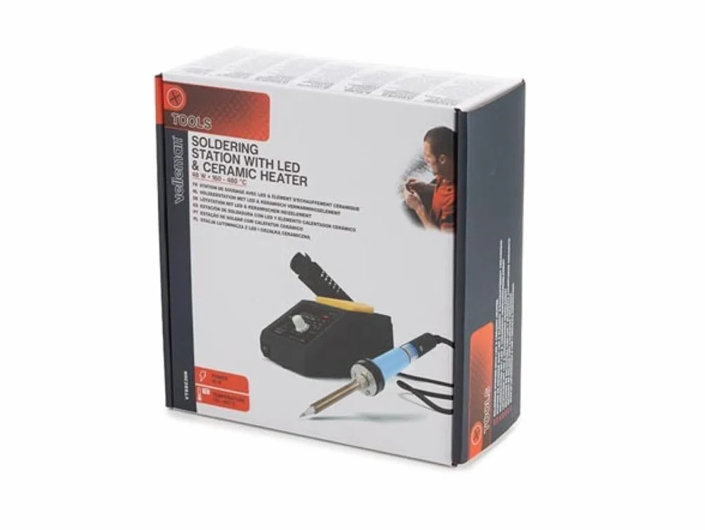 Velleman Estación de soldadura con pantalla LED y elemento calefactor cerámico, 48 W, rango de temperatura de 160-480 °C, mango cómodo, adecuada para profesionales o aficionados al bricolaje, gris