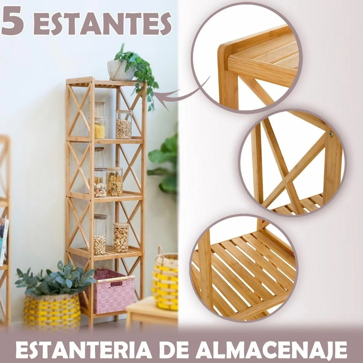 Estantería Bambú Baño Suelo Nórdica 5 Baldas 36,5x33x153 cm LOLAhome