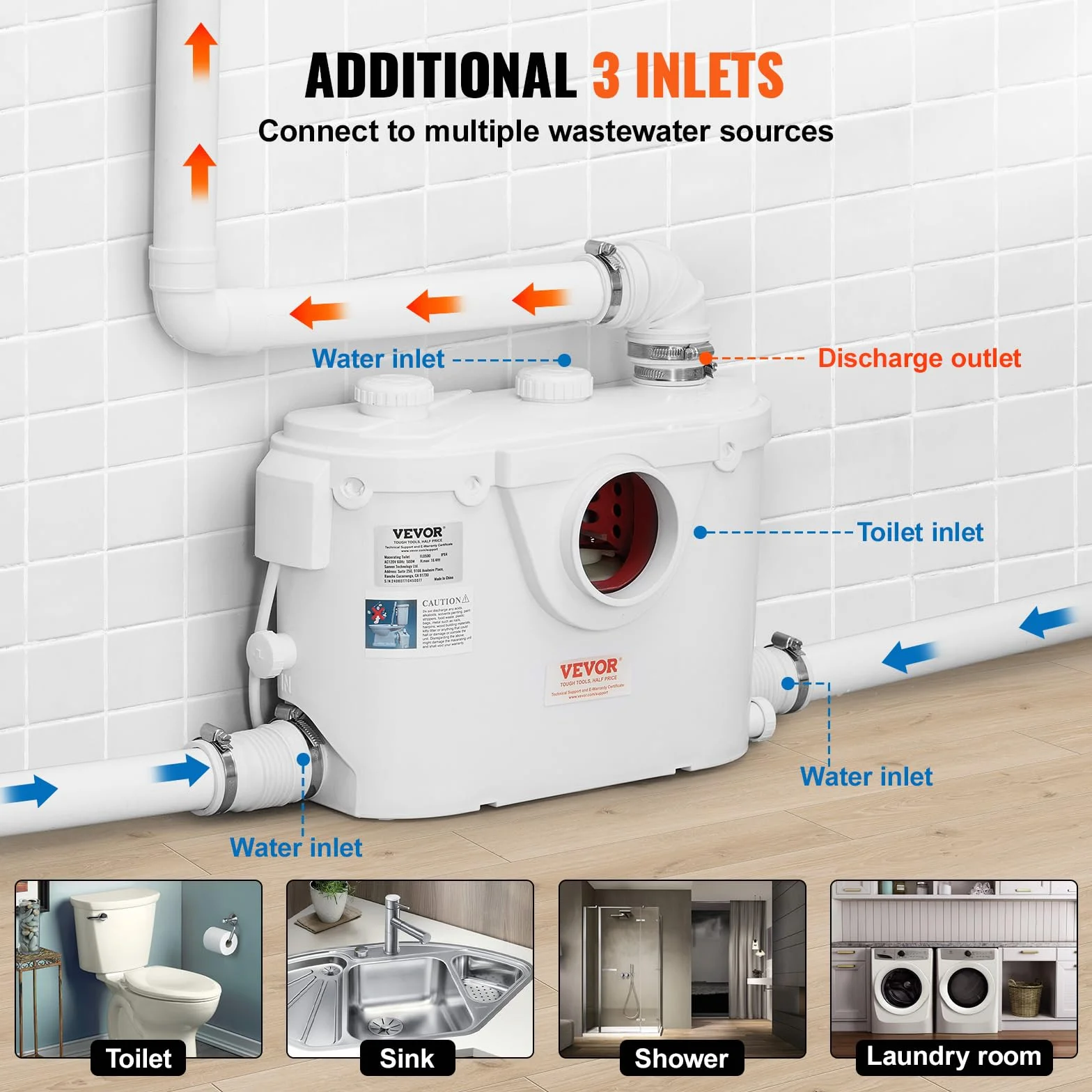 VEVOR Inodoro Sanitario Potente Bomba de Elevación de 500 W Sistema de Inodoro Compacto con Descarga Trasera e Inodoro de Descarga, 3 Entradas, para Eliminación Aguas Residuales, Sótano, Blanco