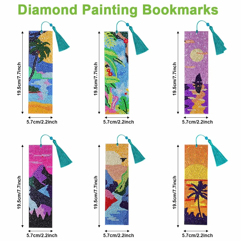 AUAUY 6PCS 5D Diamond Painting Marcapáginas Kit, Paisaje Pintura Diamantes, Marcadores de Libros para Niños y Adultos