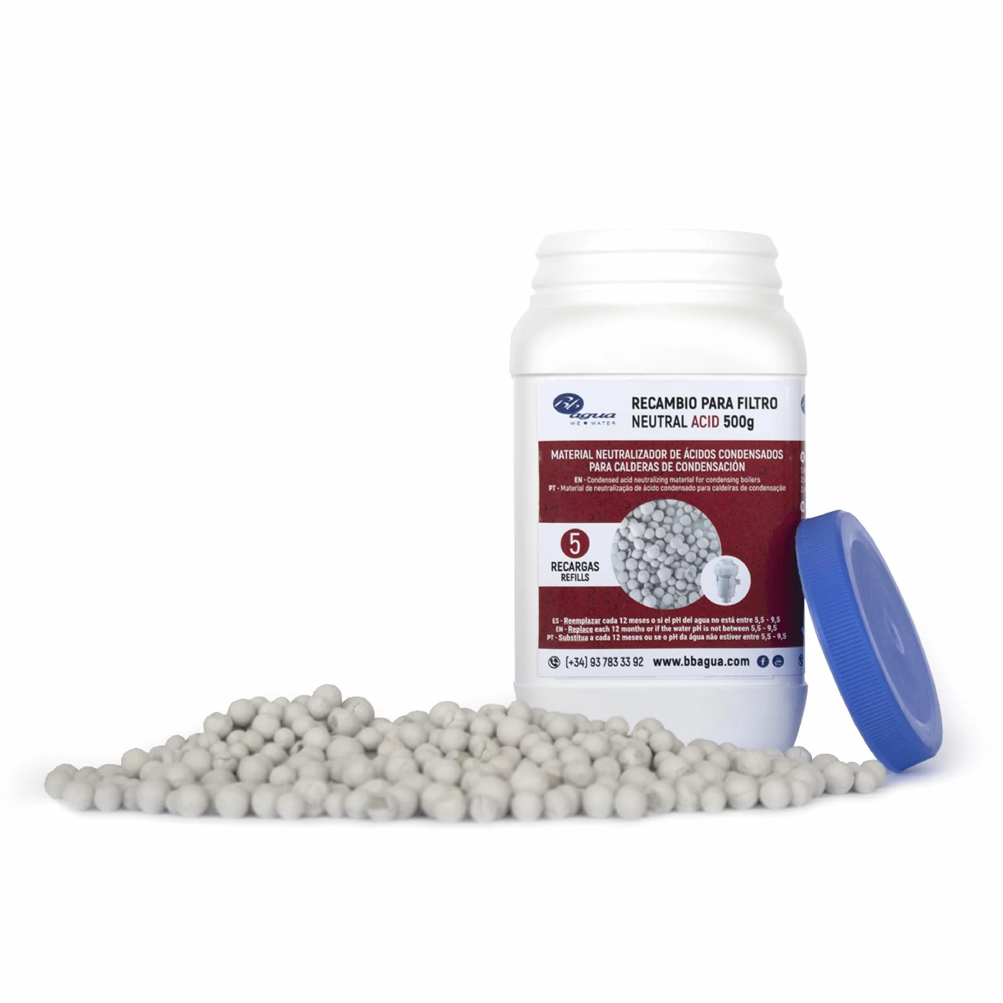 Material Neutralizador de Ácido Condensados para Caldera de Condensación. Recambio para Filtro Neutral Acid de la marca Bbagua. Envase de 500 Gramos. Bbagua.