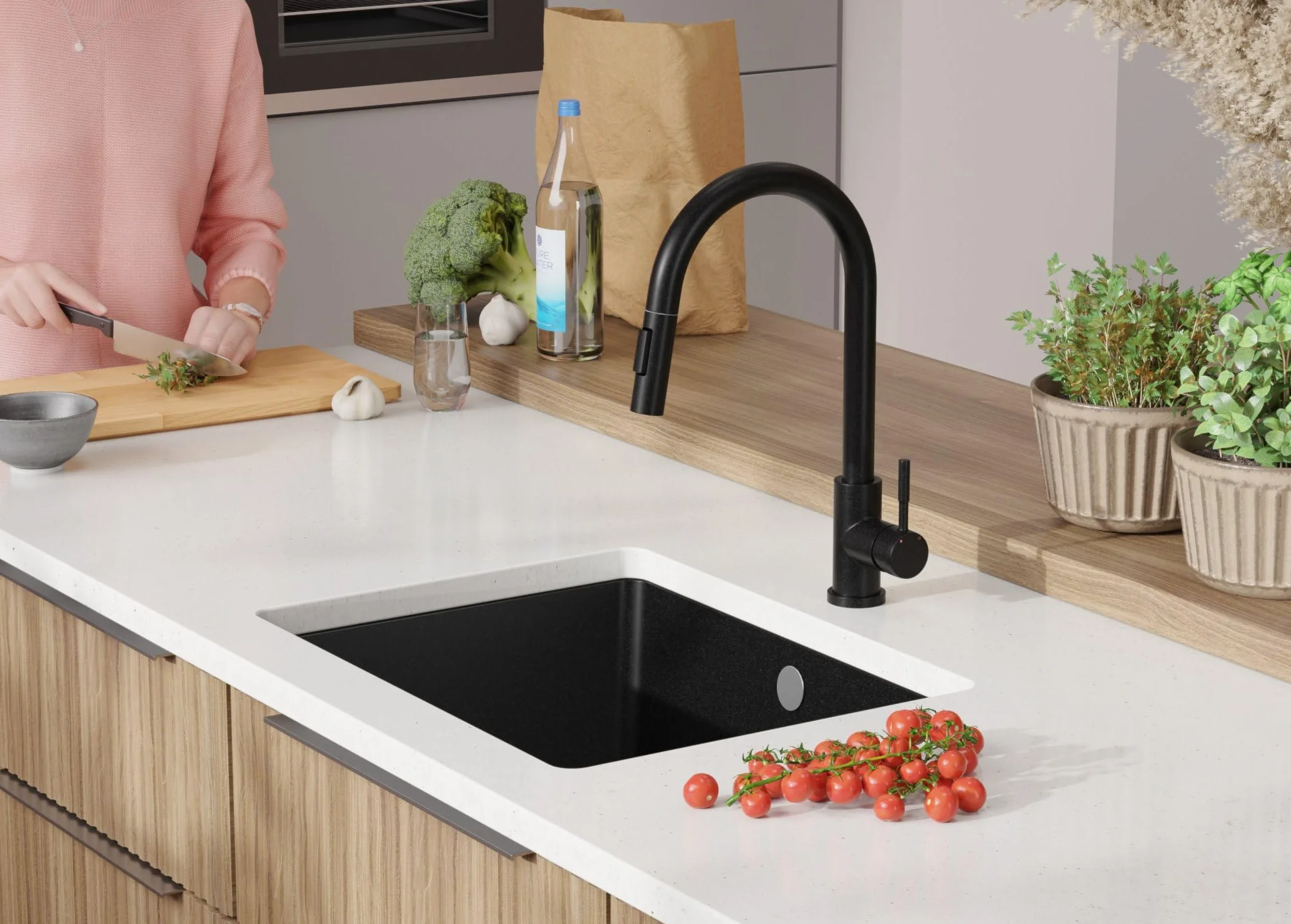 PRIMAGRAN Fregadero bajo Encimera Todo Negro 56x44cm, Cocina 1 Seno + Sifón, Granito al Mueble 60cm - Venecia Easy S067