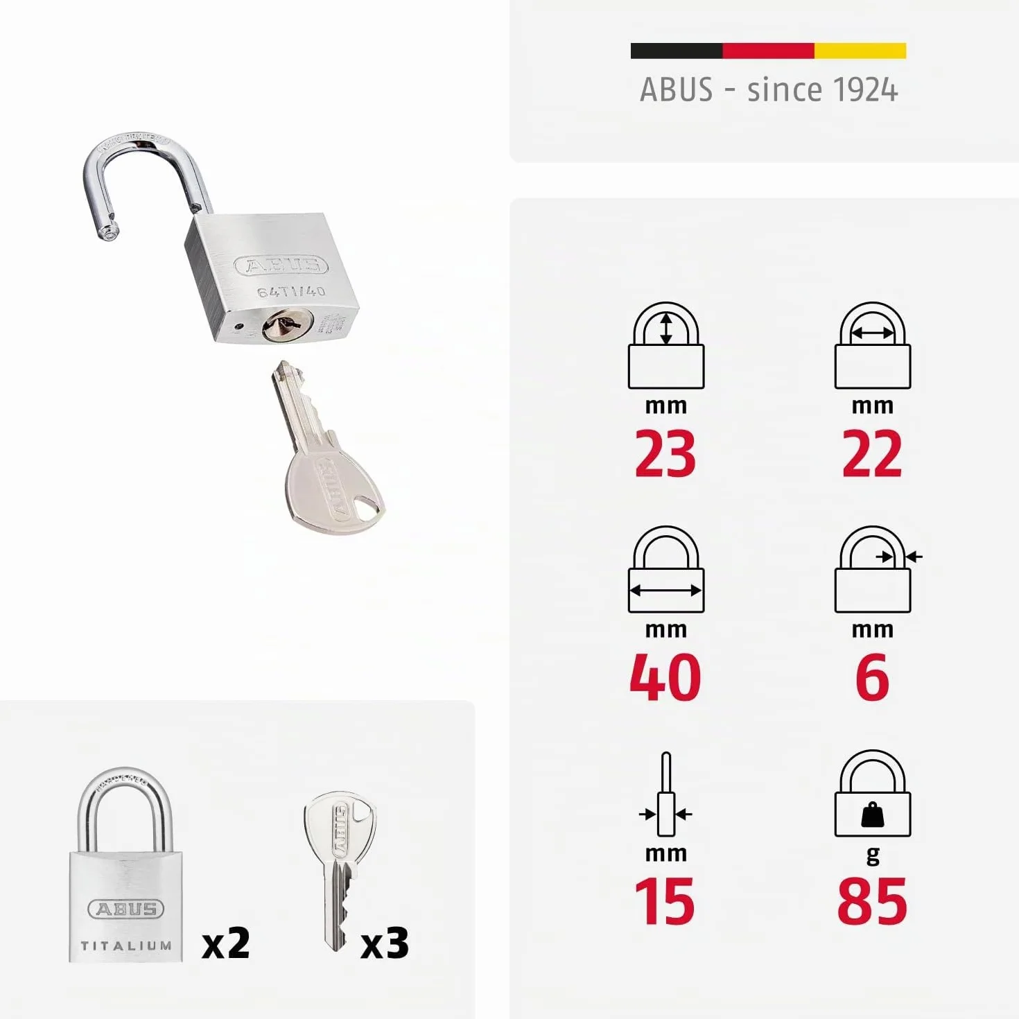 ABUS Candado de Titalium 64TI/40 - juego de 2 - cierre igualado - candado para sótanos con cuerpo de aluminio especial - arco de acero endurecido - nivel de seguridad ABUS 5