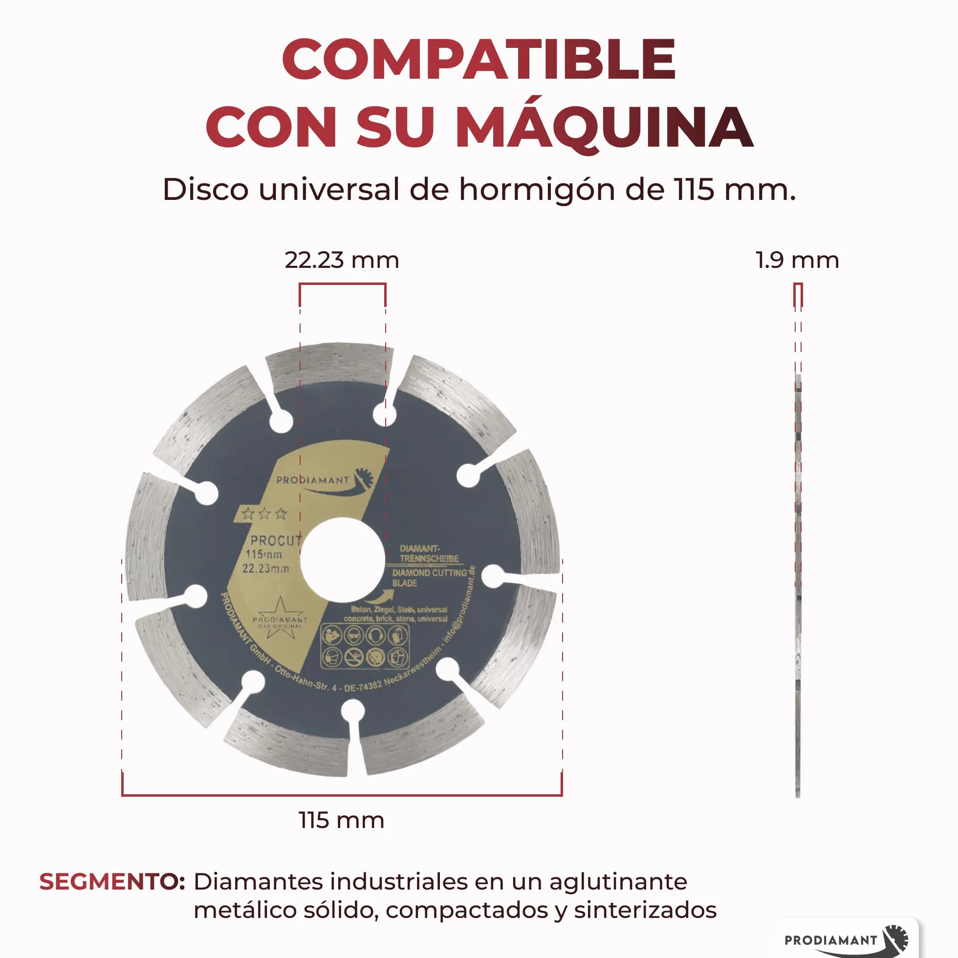 Disco de corte de diamante universal 115 x 22,2 mm para hormigón, piedra, ladrillo