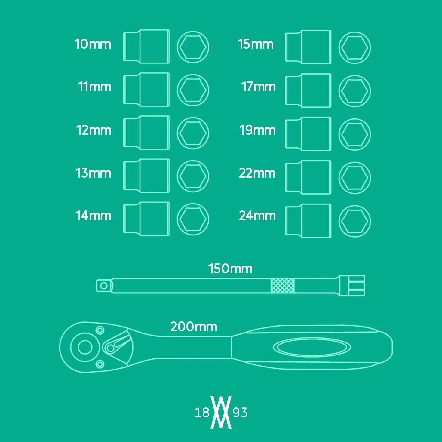 WIESEMANN 1893 Juego de 12 vasos 10-24 mm para llave de carraca de 3/8" y soporte Acero al cromo vanadio| Portapuntas de 150 mm | Vasos hexagonales I 80133