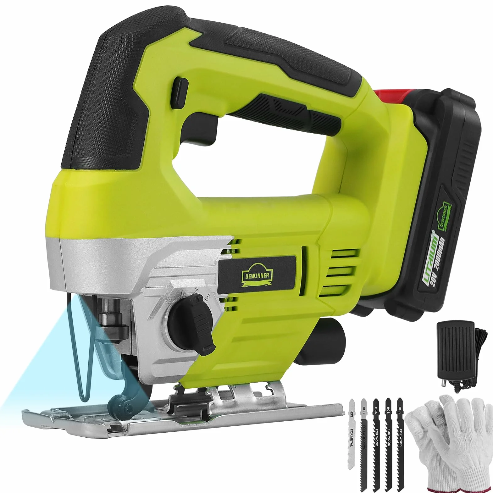 DEWINNER 20V Sierra de Calar inalámbrica,5 Hojas de Sierra,Luz LED,Corte en Bisel 45°,1 batería de 2,0 Ah, cargador y maletín en Caja