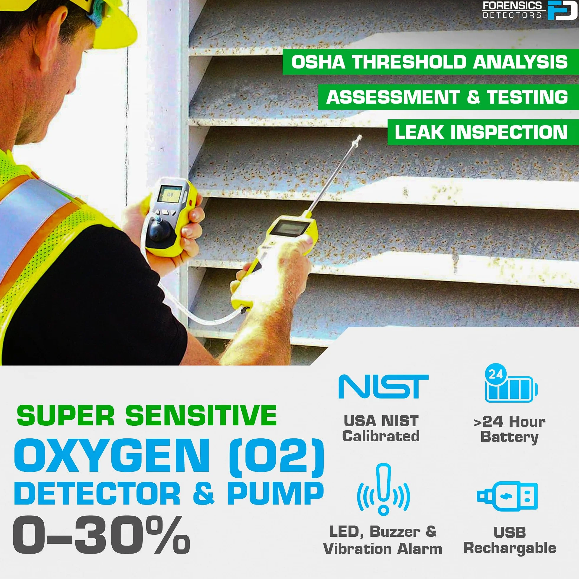 Detector de Oxígeno con Bomba | Certificado de Calibración UE/EE. UU. | Recarga USB | 0–30% O2