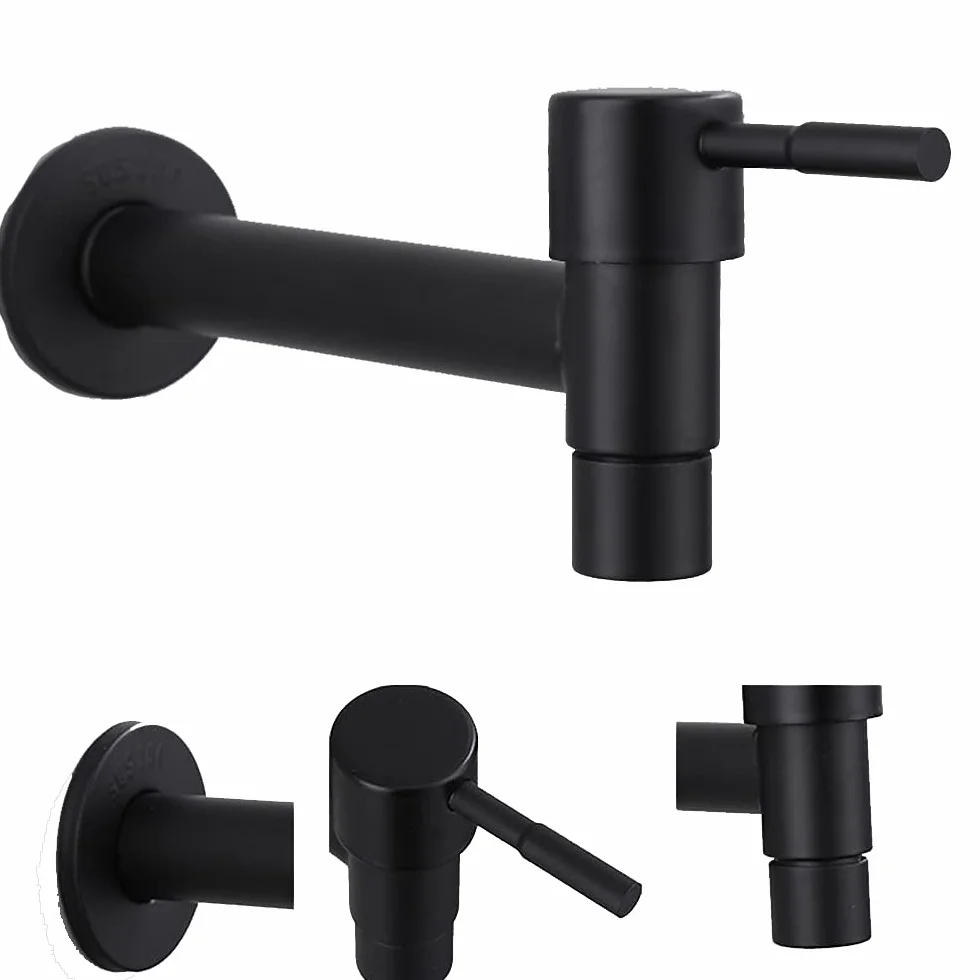 Grifo Exterior Acero Inoxidable Montado en la Pared para Jardín, Baño, Cocina (Negro)