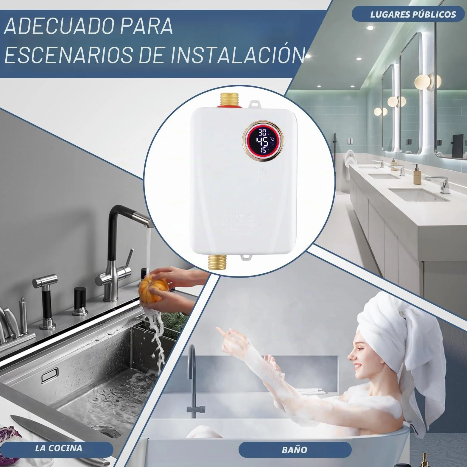 Calentador de agua eléctrico, 3500 W, 220 V, mini calentador de agua instantáneo con pantalla LCD, 20 – 50 °C, IPX4, resistente al agua, calentador de agua eléctrico, para ducha, baño, cocina