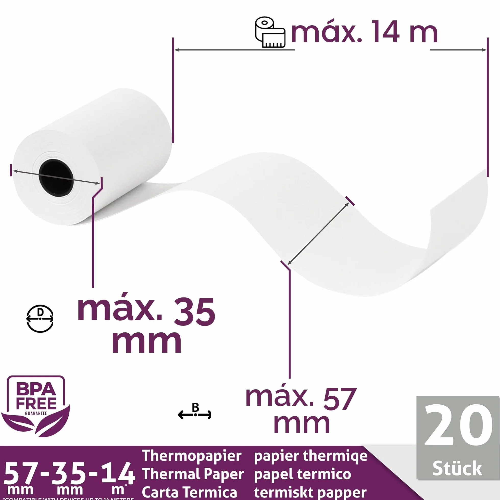 LYNNE - Rollos Papel Datafono Térmico 57x35x12mm para todos los TPV y las impresora térmica - Rollo papel térmico 57mm x 35mm x 14m - Ideal para máquinas de tarjetas de Crédito - Papel TPV [20x]