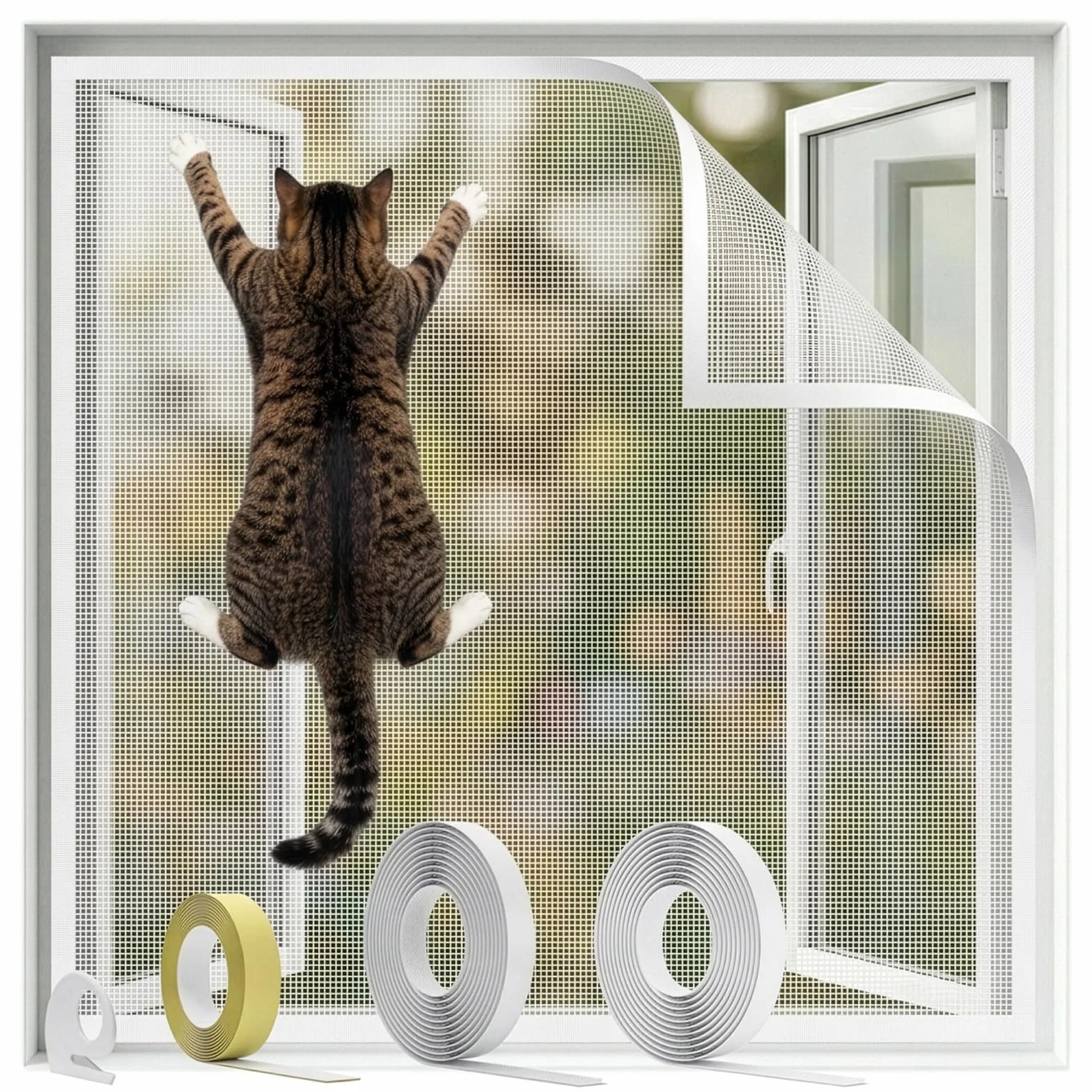 BKSAI Mosquitera Ventana para Gatos, Red Anticaída Adhesiva sin Taladrar, Malla Recortable Resistente a Arañazos, Protección Mascotas para Ventana - 130x150 CM Blanco Roto