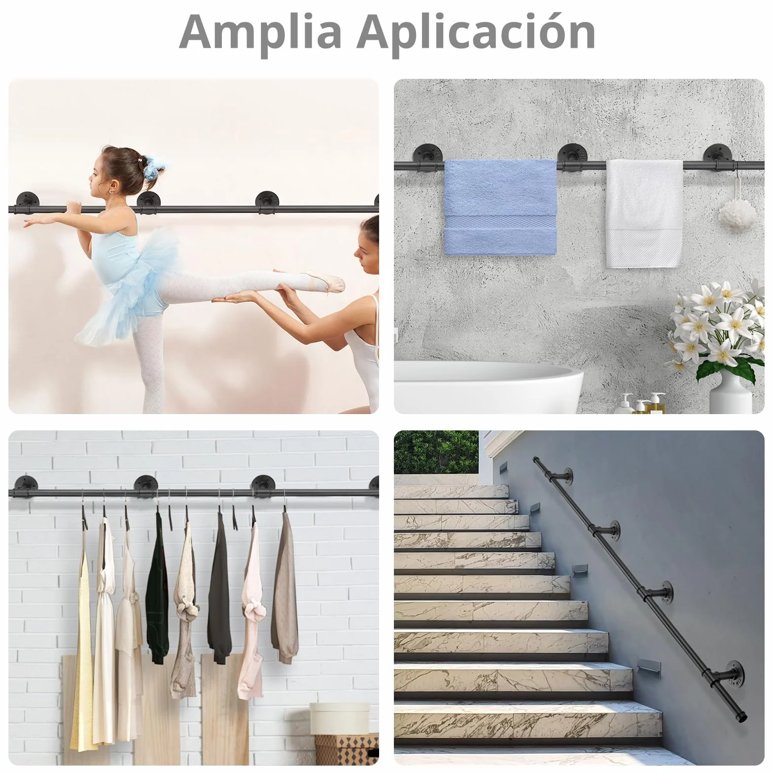 TANiCE Pasamanos Escalera 150 cm Negro de Acero Galvanizado Antideslizante Barandilla de Pared para Interior y Exterior con Soporte Seguro para Ancianos y Niños, Fácil Instalación Multifuncional