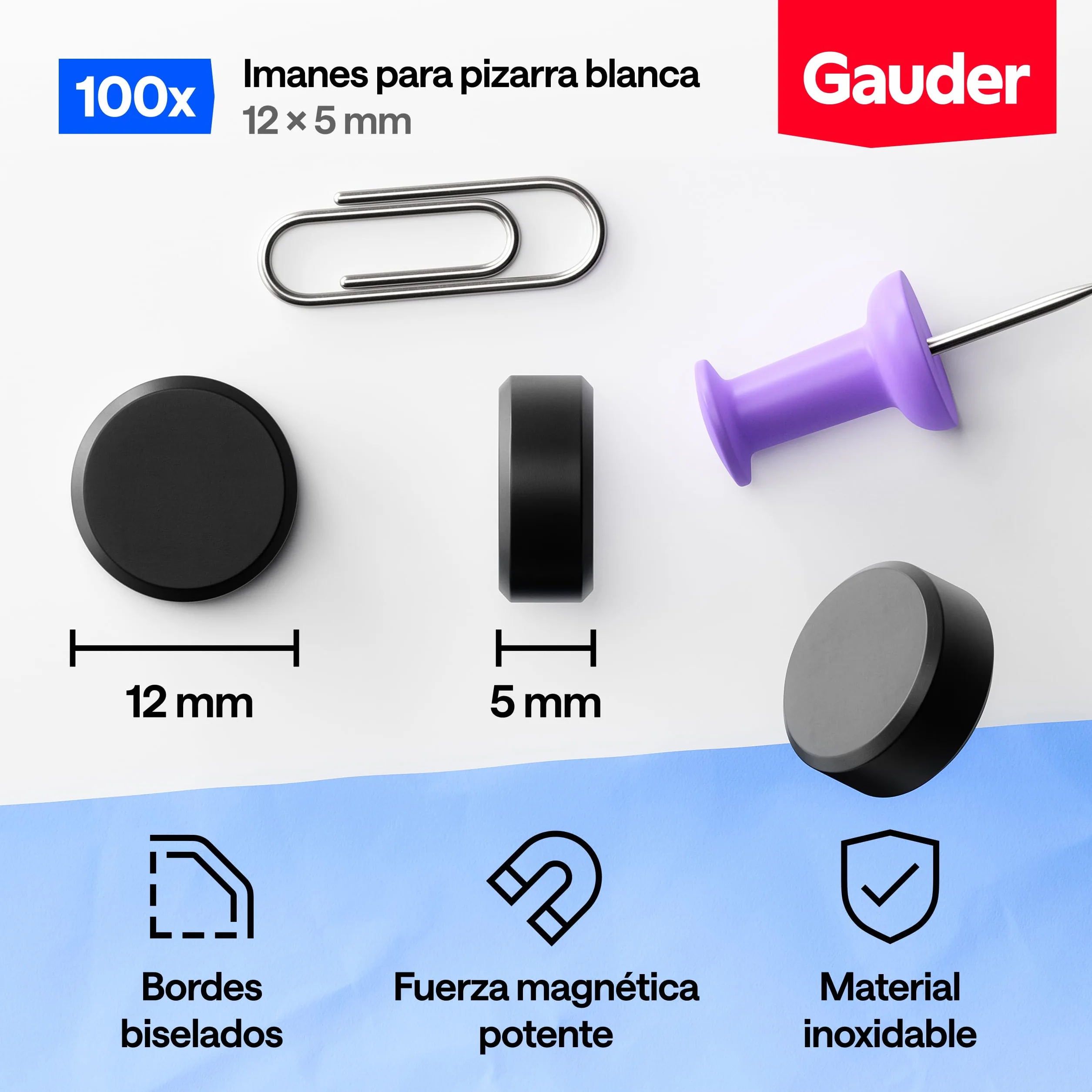 GAUDER Imanes para Pizarra Blanca 100 piezas 12 x 5 mm Discos Magnéticos Redondos Fuertes