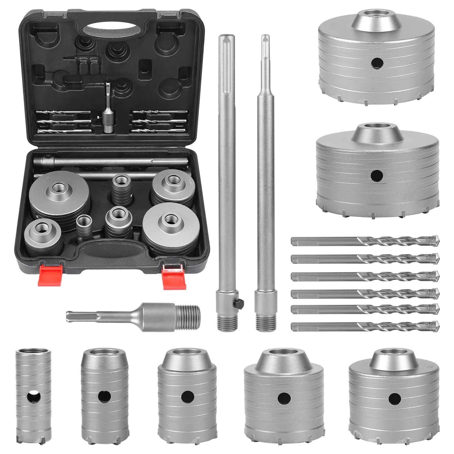 EXLECO 16 pcs Sierra Corona Set Broca para Muro de Hormigón Taladro Hueco Broca Sierra, 7 corona hormigon 30 40 50 65 80 100 110mm mit 100/300mm SDS Plus & SDS Max 6 Taladro Centrado, Brocas Hormigón