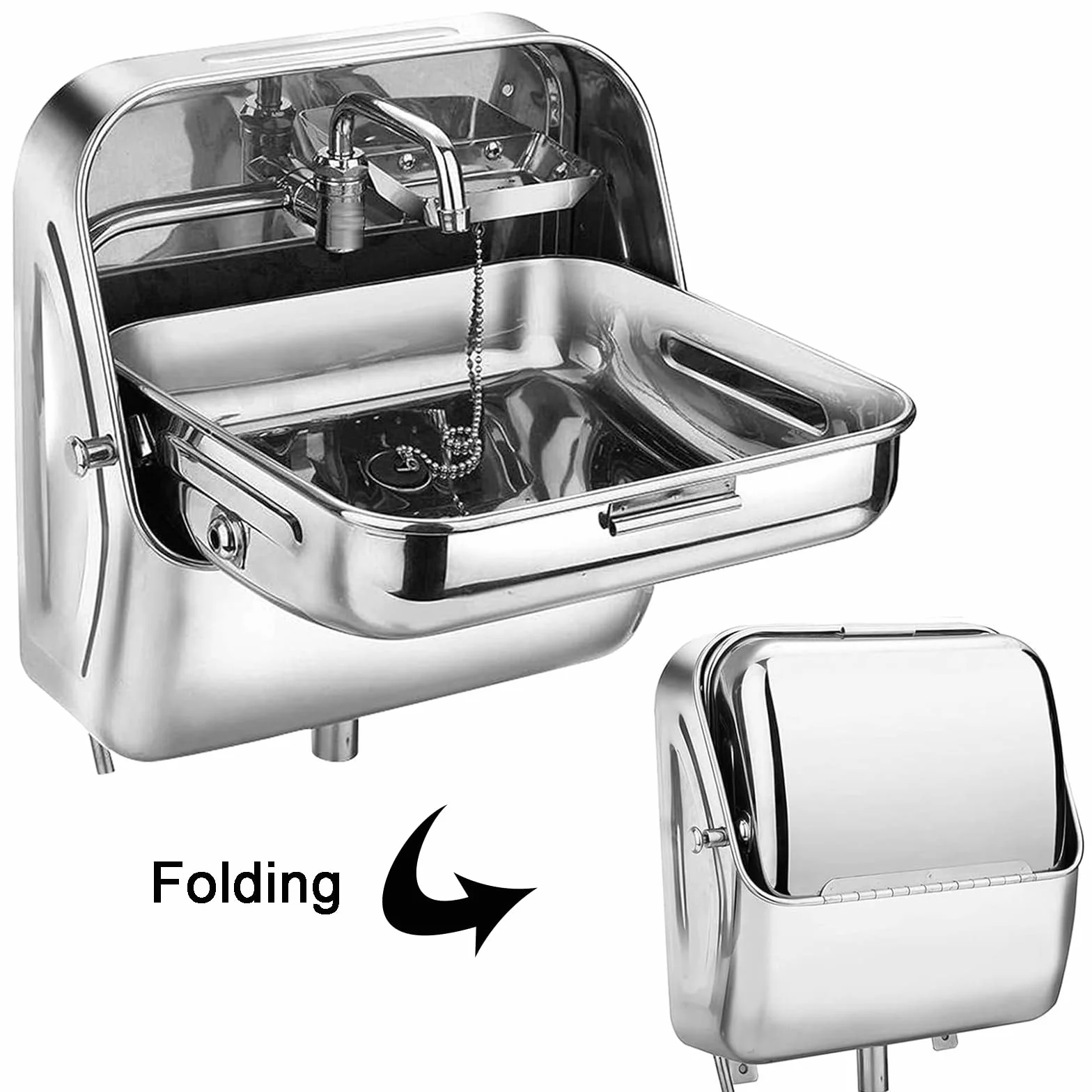 Fregadero Plegable para Caravana, Fregadero De Baño De Acero Inoxidable con Grifo De Agua Fría, Lavabo De Mano Pequeño para Exteriores, Montaje En Pared, para Cocina De Barco Camper