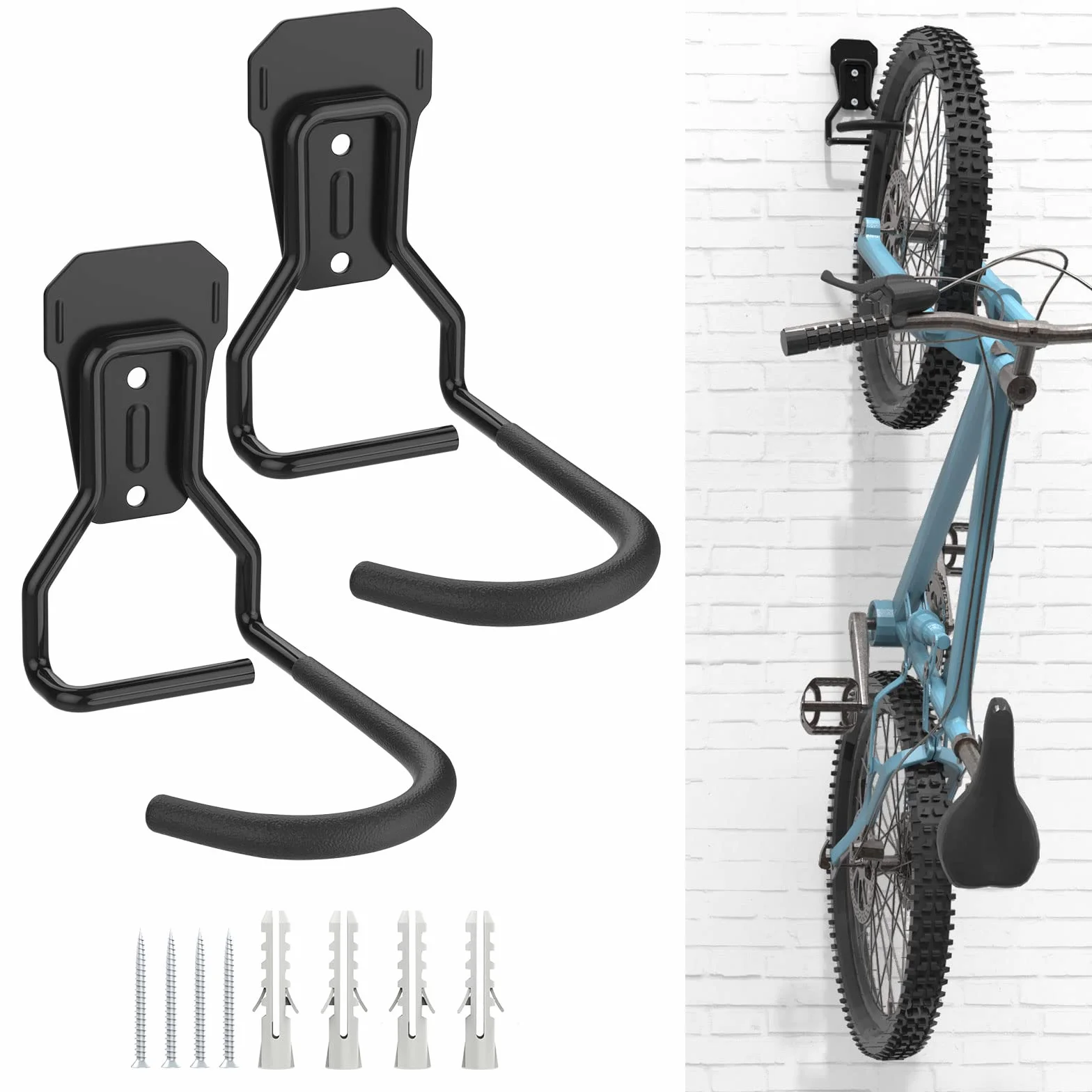 Housolution Gancho Vertical de Pared para Colgar Bicicleta, [2 PZS] Soporte de Pared para Bicicleta de Montaña de Hierro hasta 35kg/77 lbs, Colgador de Pared para Bicicleta con Capa de Goma, Negro