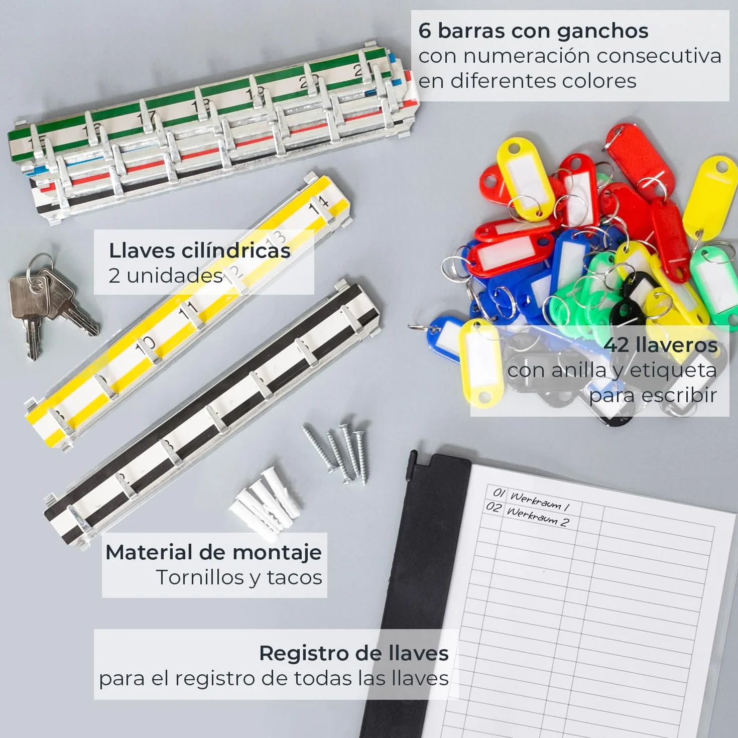 HMF Armario para Llaves de Acero, Caja de Llaves con Cerradura para Oficina, administración o Flota de vehículos | 42 Ganchos para Llaves | 35 x 27 x 8 cm | Gris Claro