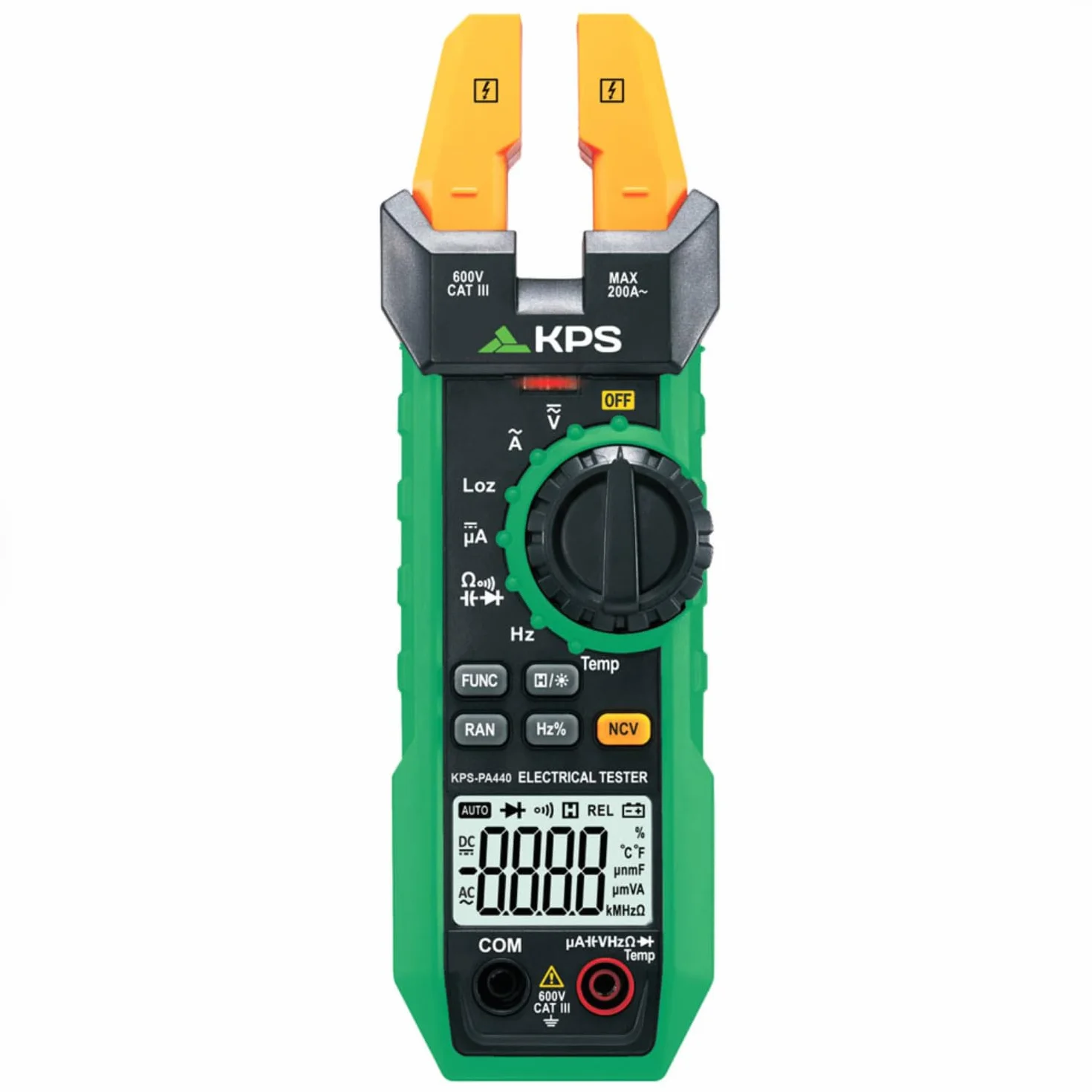 KPS-PA440 Pinza Amperimétrica Profesional con Maxilar Abierto - Multímetro Digital con Medición de Corriente AC 200A, Corriente DC 1000µA, Voltaje AC/DC 600V, Temperatura, Frecuencia, Capacidad y NCV