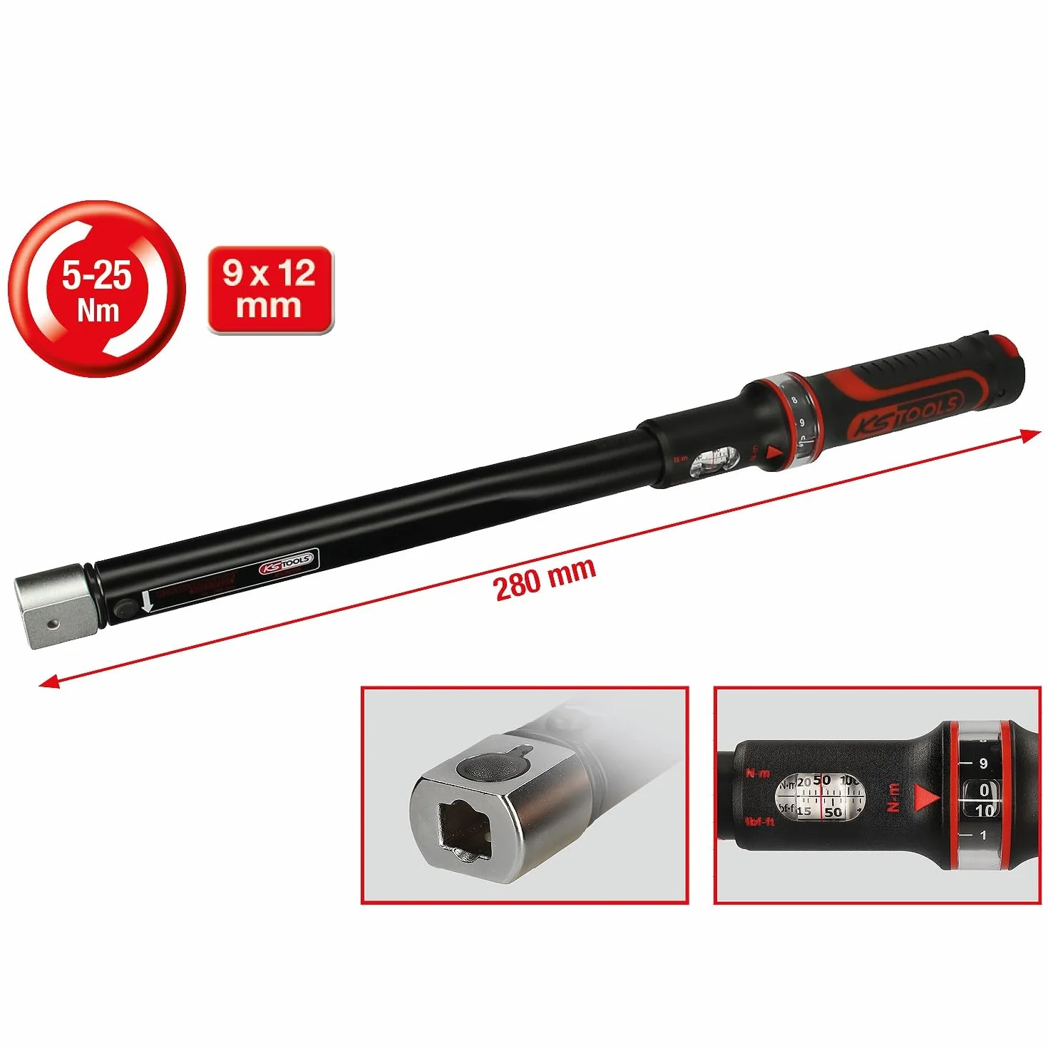 KS Tools 516.1612 - Llave dinamométrica con alojamiento cuadrado encajable (275 mm, 1-25 Nm, 9 x 12 mm)