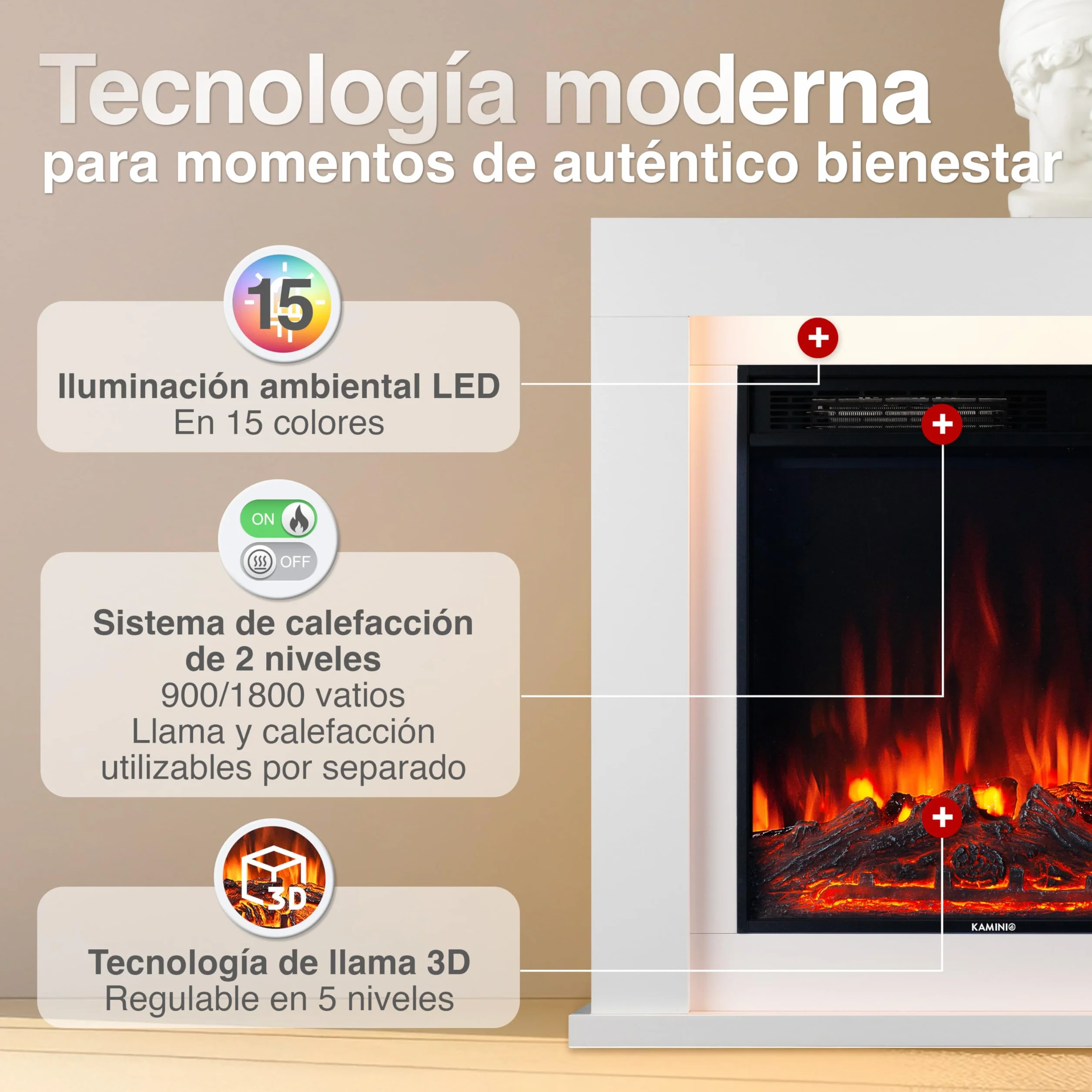 KAMINIO Chimenea eléctrica Matti - Chimenea eléctrica de pie con calefacción, Efecto de Llama 3D, Luz Ambiental LED, Control Remoto - 32 Pulgadas (Blanco)