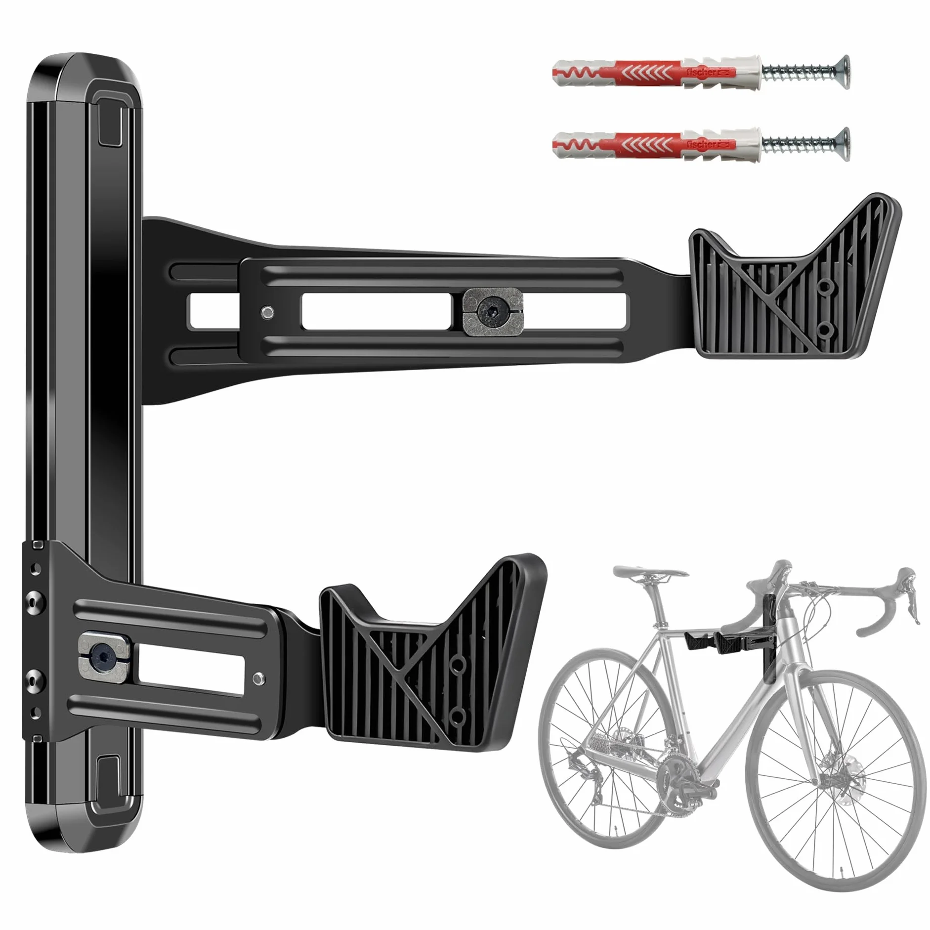 Mimoke Soporte de pared para bicicleta, aleación de aluminio, soporta hasta 40 kg, distancia a la pared ajustable de 18,5 a 28 cm, gancho en V de goma de 7,2 cm, para MTB, bicicleta de carretera
