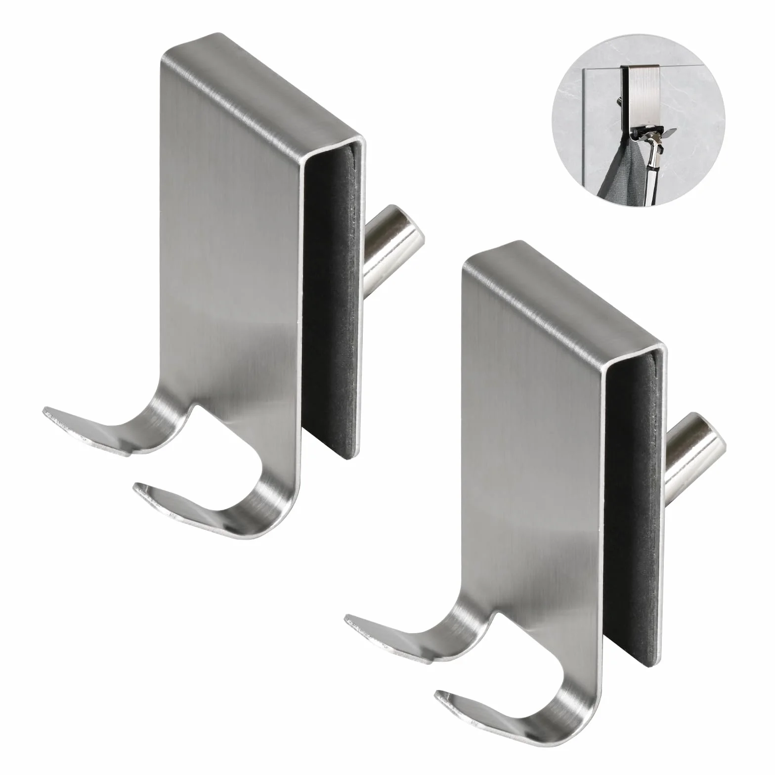 2 Piezas Ganchos Mampara Ducha, Colgador Toalla Mampara Ducha con Almohadilla de EVA, Perchas Baño sin Taladro de Acero Inoxidable, Apta para Vidrios sin Marco de 5-10 mm (Plateado)
