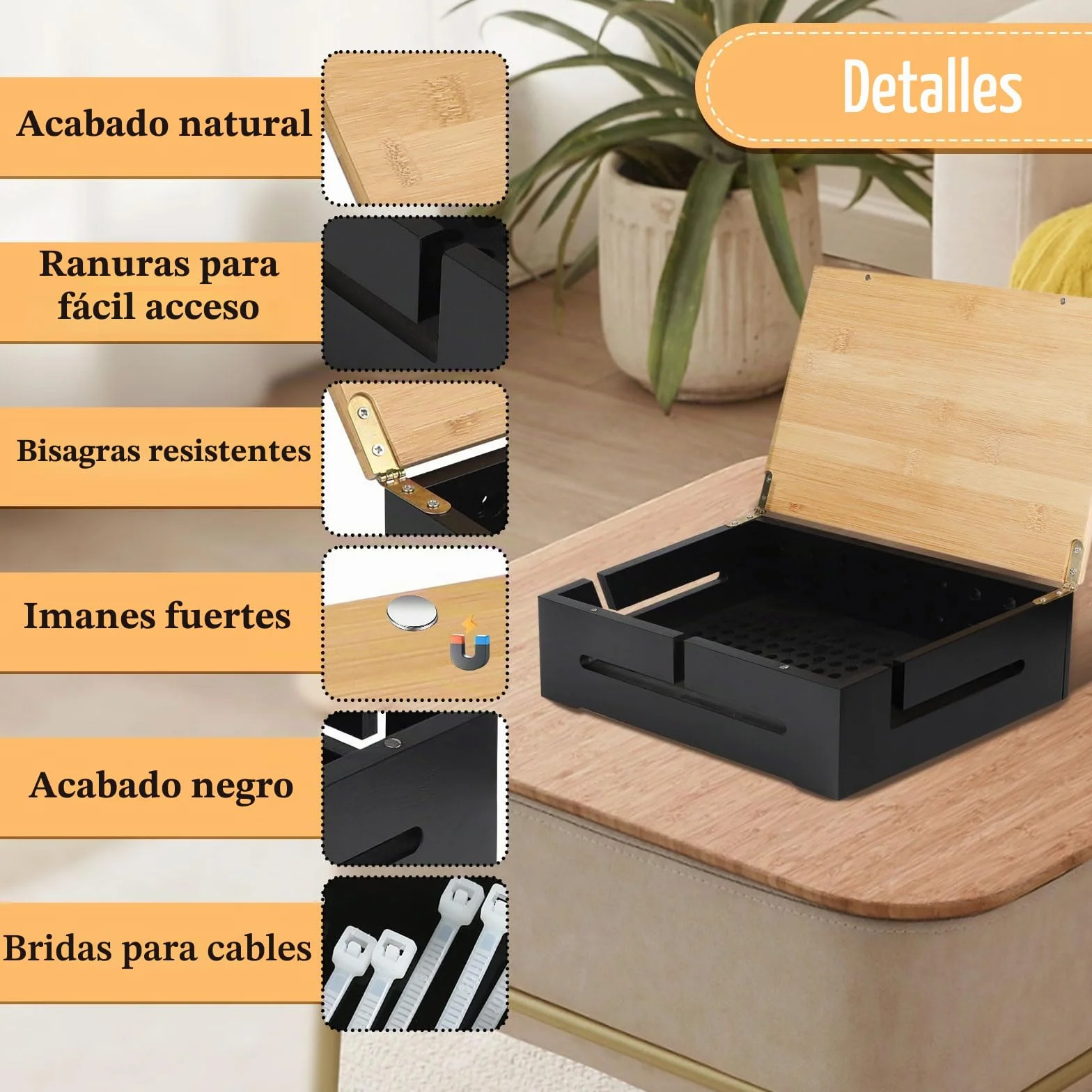 DBREAKS Caja de gestión de cables y organizadora de cables con tapa magnética de bambú y bridas, caja para montaje en la pared
