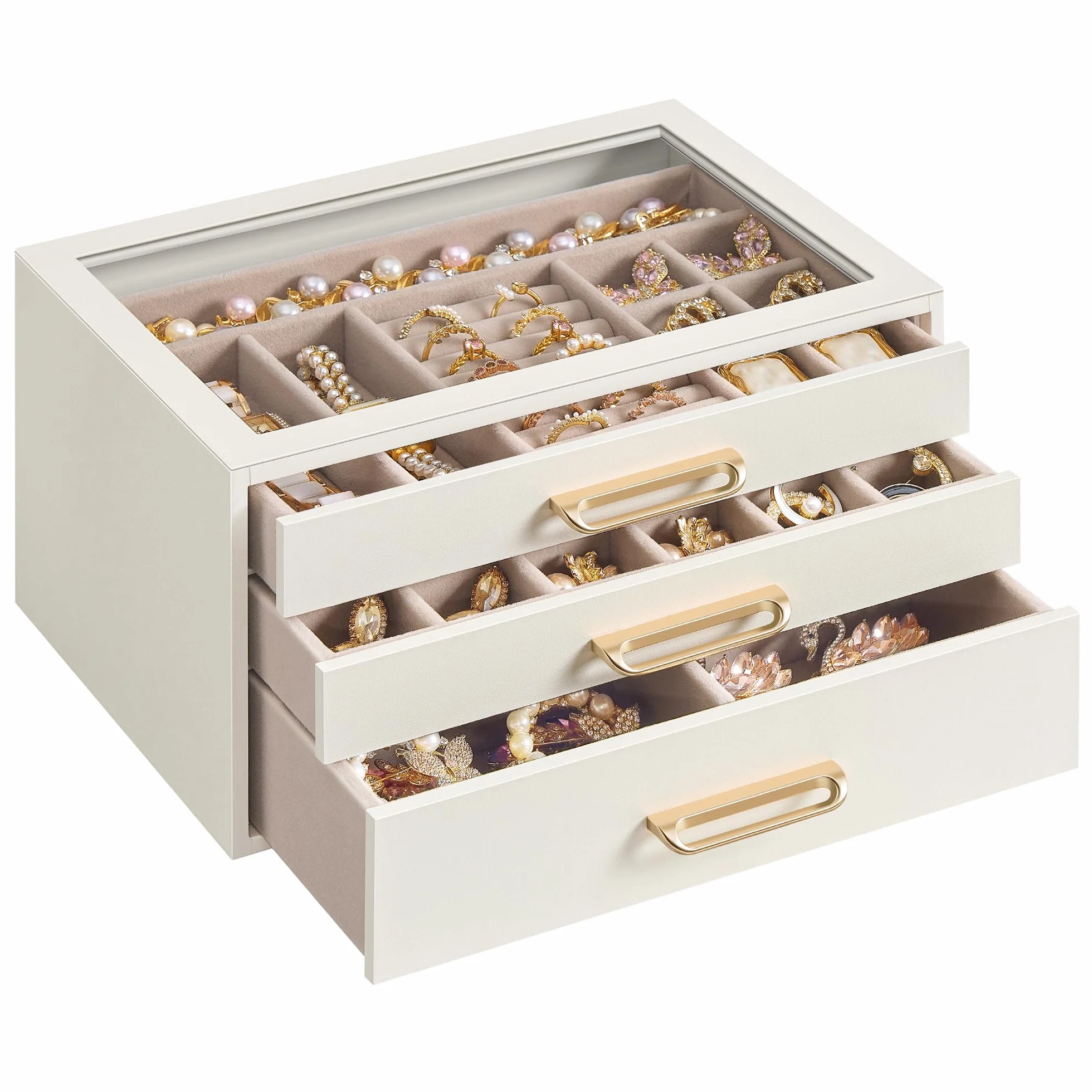 SONGMICS Caja de Joyas, Organizador de Joyería de 3 Niveles, con Ventana de Vidrio, 3 Cajones, Gran Capacidad, Tiradores Dorados, Idea de Regalo, 16 x 24 x 12,5 cm, Blanco Crema JBC206WD01