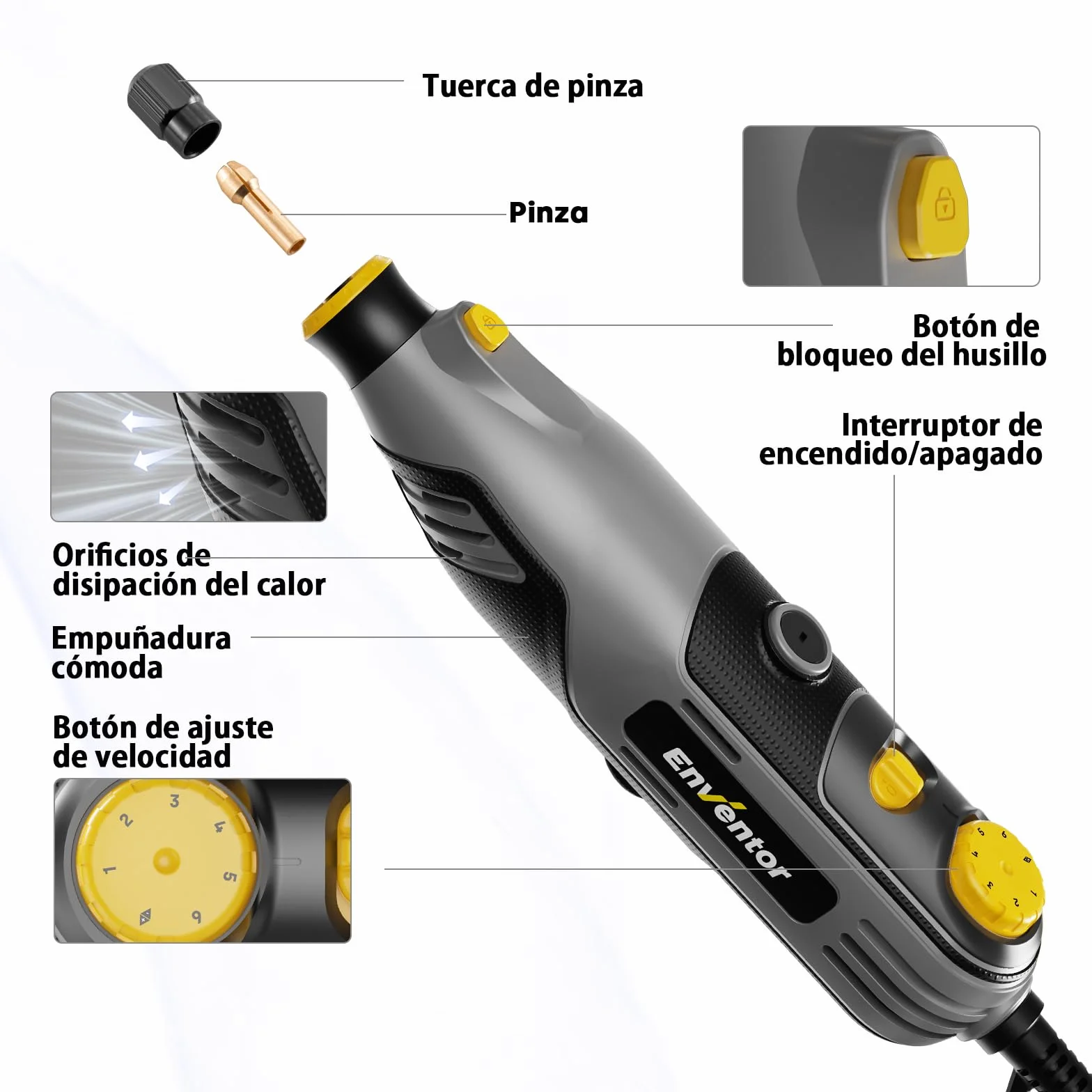 Enventor Mini Amoladora Eléctrica 130W con 206 Accesorios, Mini Herramienta Rotativa Multifunción con 6 Velocidades Ajustables, 10000-35000RPM, para Grabar, Aamolar, Pulir, Taladrar