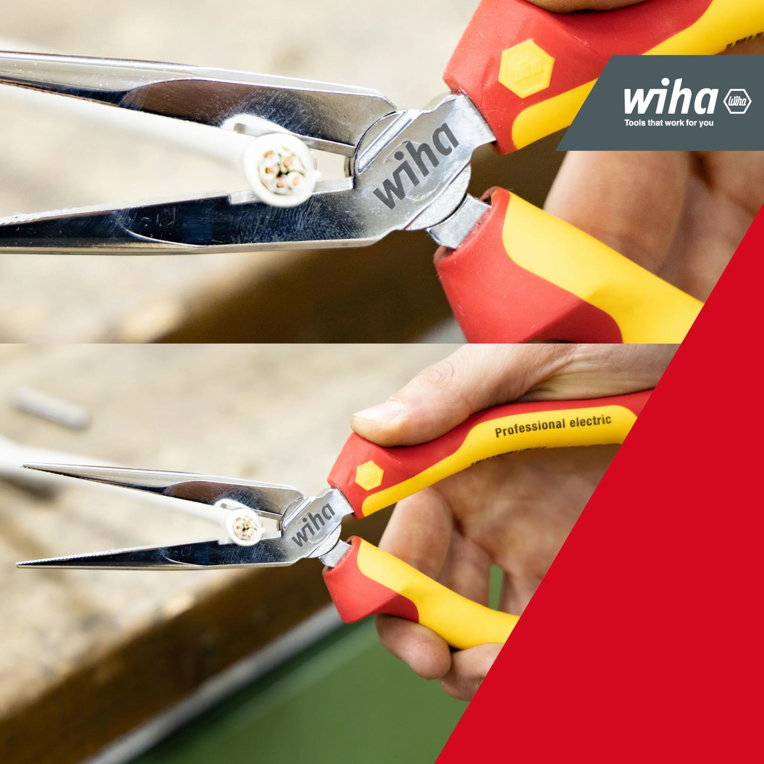 Wiha Alicates de boca semi-redonda Professional electric con filo de corte, con forma recta 200 mm, 8" (27423)