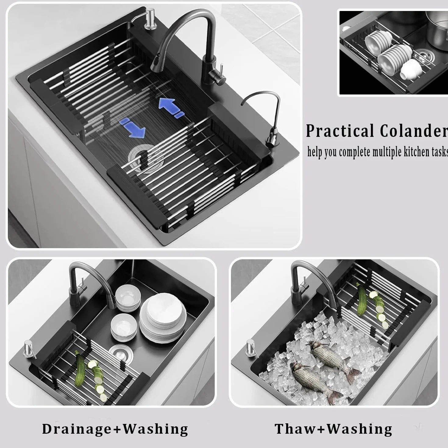 Fregadero Cocina Negro 50 x 45cm, Fregadero Cocina en Acero Inoxidable, Fregadero Bajo o Sobre Encimera Con grifo extraíble/dispensador de jabón/escurreplatos/grifo de agua purificada (Negro, 50x45cm)