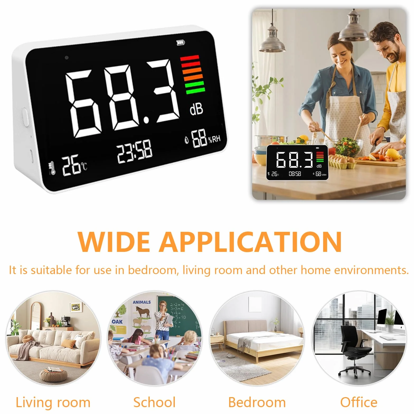 Sonometro, Medidor de Decibelios con Pantalla LCD, Reloj Detección de Temperatura y Medidor de Humedad, Medidor de Nivel de Sonido Digital de 30 a 130 dB para Casa, Escuela, Hospital